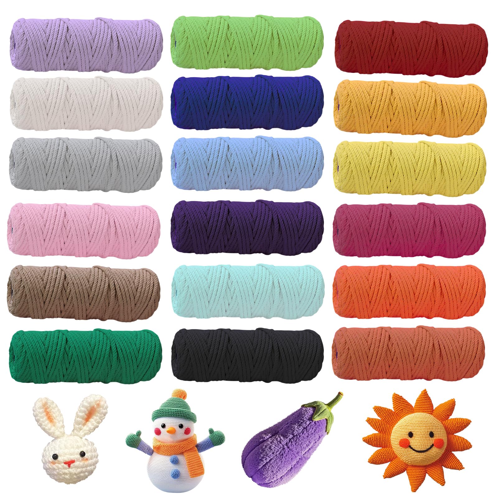 Juego de hilo de macramé de 3 mm x 30 m, 18 unidades de hilo de algodón de macramé, cuerda de algodón multicolor para manualidades, macramé, punto bohemio, decoración para salón, balcón (3 mm)
