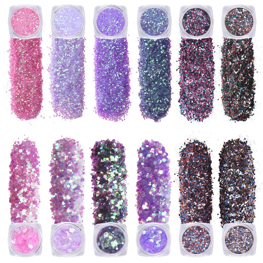 URAQTChunky Glitter, 12 Colors Festival Glitter, Nail Glitter Powder, Holographic Cosmetic Glitter for Face Body Eye Hair Nail and DIY Art