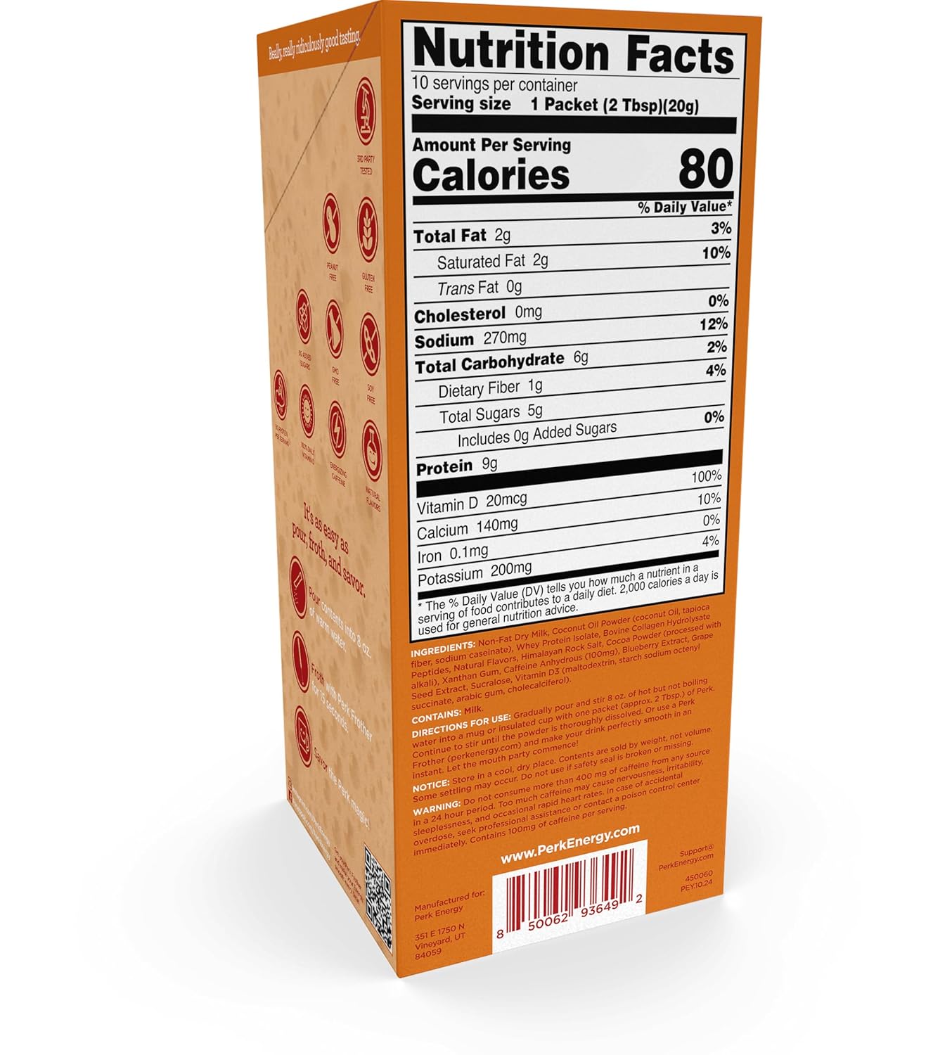 Perk Energy Original Vanilla Caramel Steamer Flavored Drink Powder (10 Servings Stickpack) - Gluten-Free, Peanut-Free, Soy-Free - Image 4