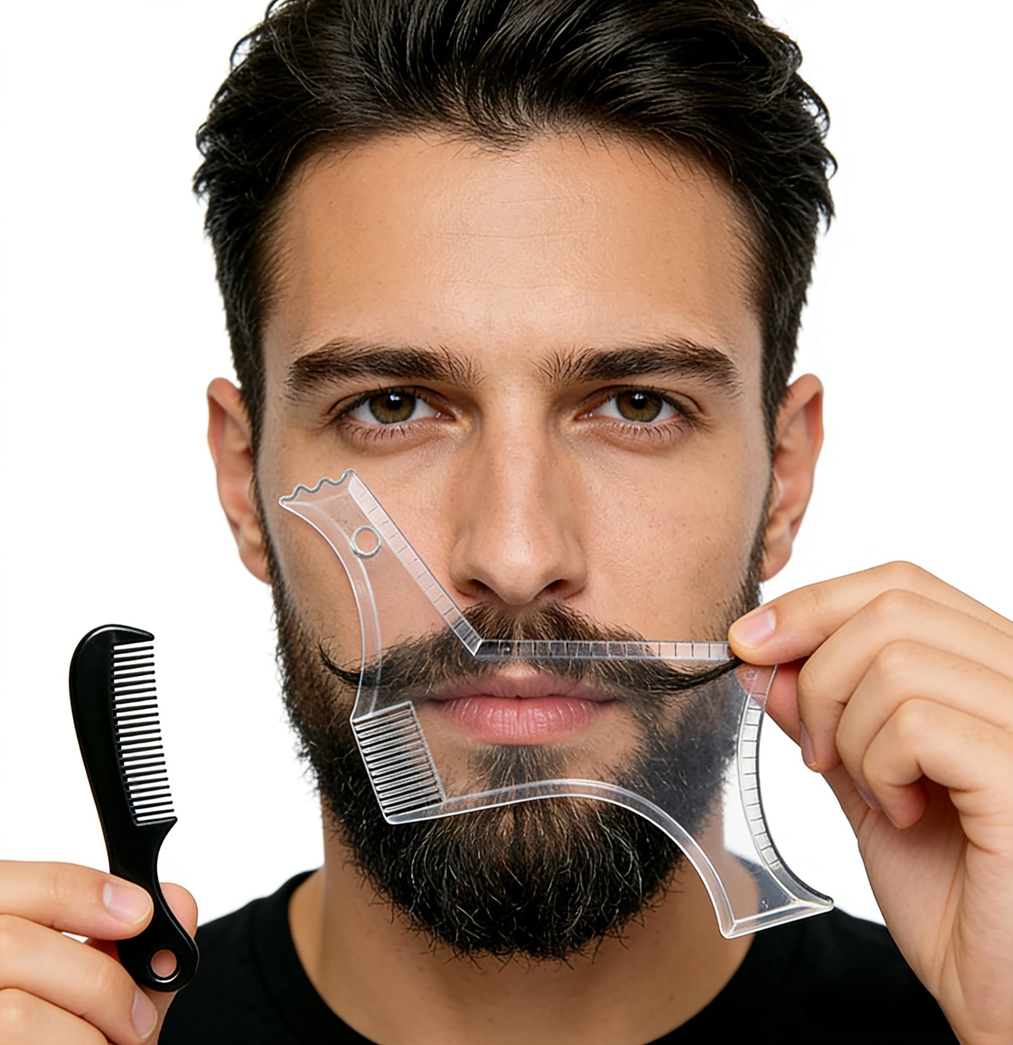 Men's Beard Trimming Kit, Beard Shaper Template with Built-in Comb & Stubble Beard Comb, Beard Lineup Tool for Straight/Curved Beard Line, Beard Grooming Accessories for All Beard Styles
