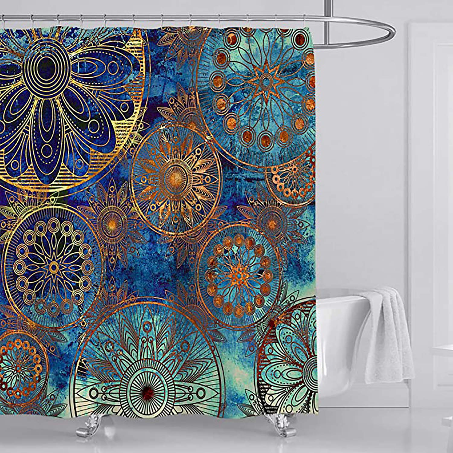 Golden Circle Shower Curtain Mandala Bohemian Style Decoration Polyester Waterproof Washable Curtain Set for Bath Room Decor with Hook 72 x 72 inches Gold Blue