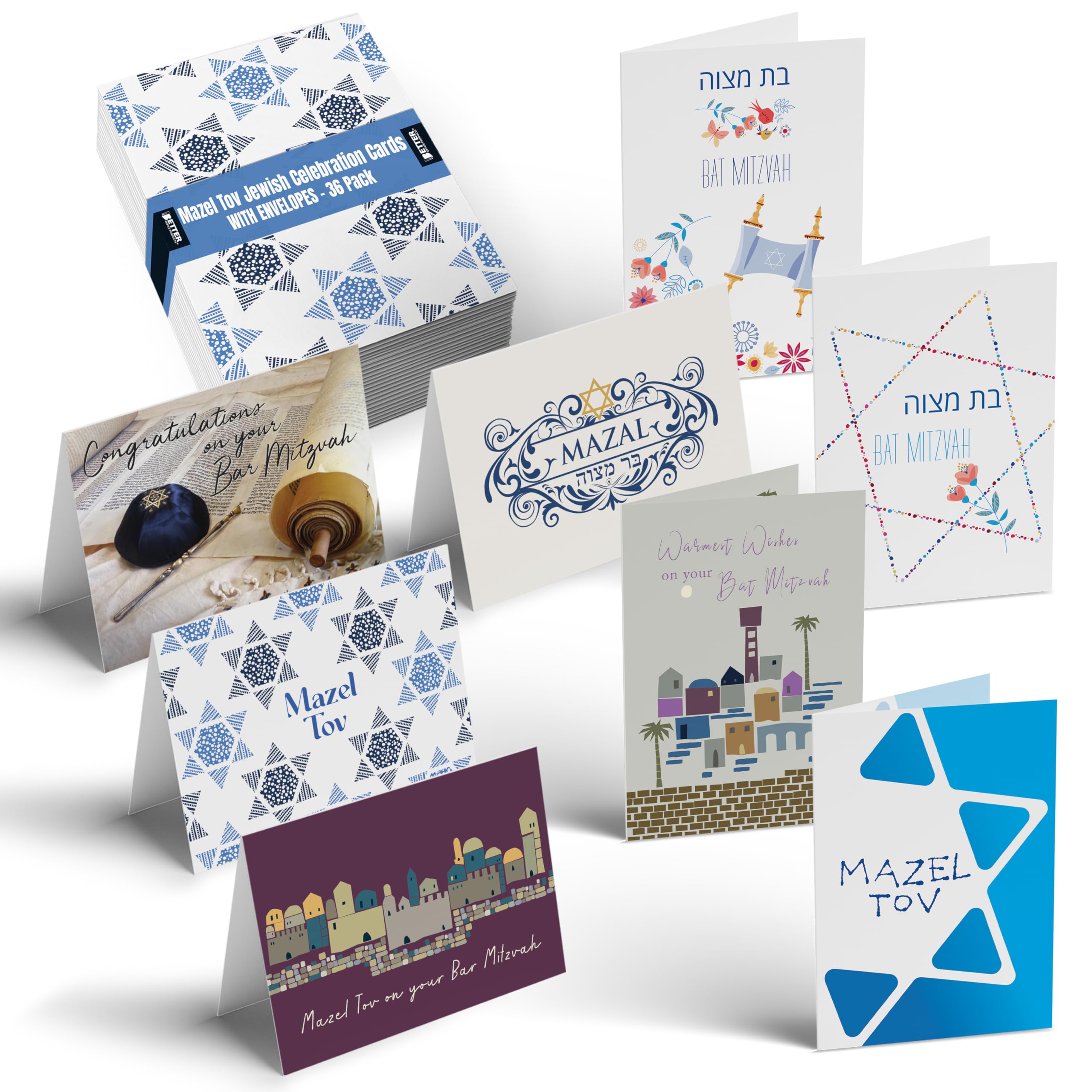Better Office Products 36 Pack Bar Mitzvah & Bat Mitzvah Cards, Mazel Tov Jewish Celebration Cards with Envelopes, Bulk Set, Classic 5 x 7 Inch Size,