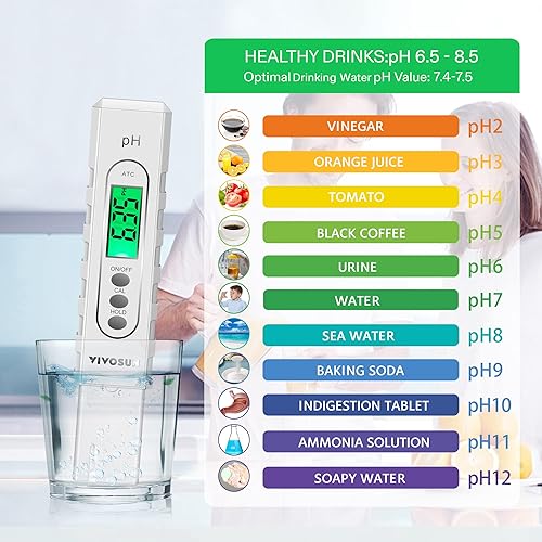 Miniatura 10 de VIVOSUN Medidor de pH digital de pH de 0.01, probador de calidad de agua de alta precisión con rango de medición de pH 0-14 para beber en el hogar,