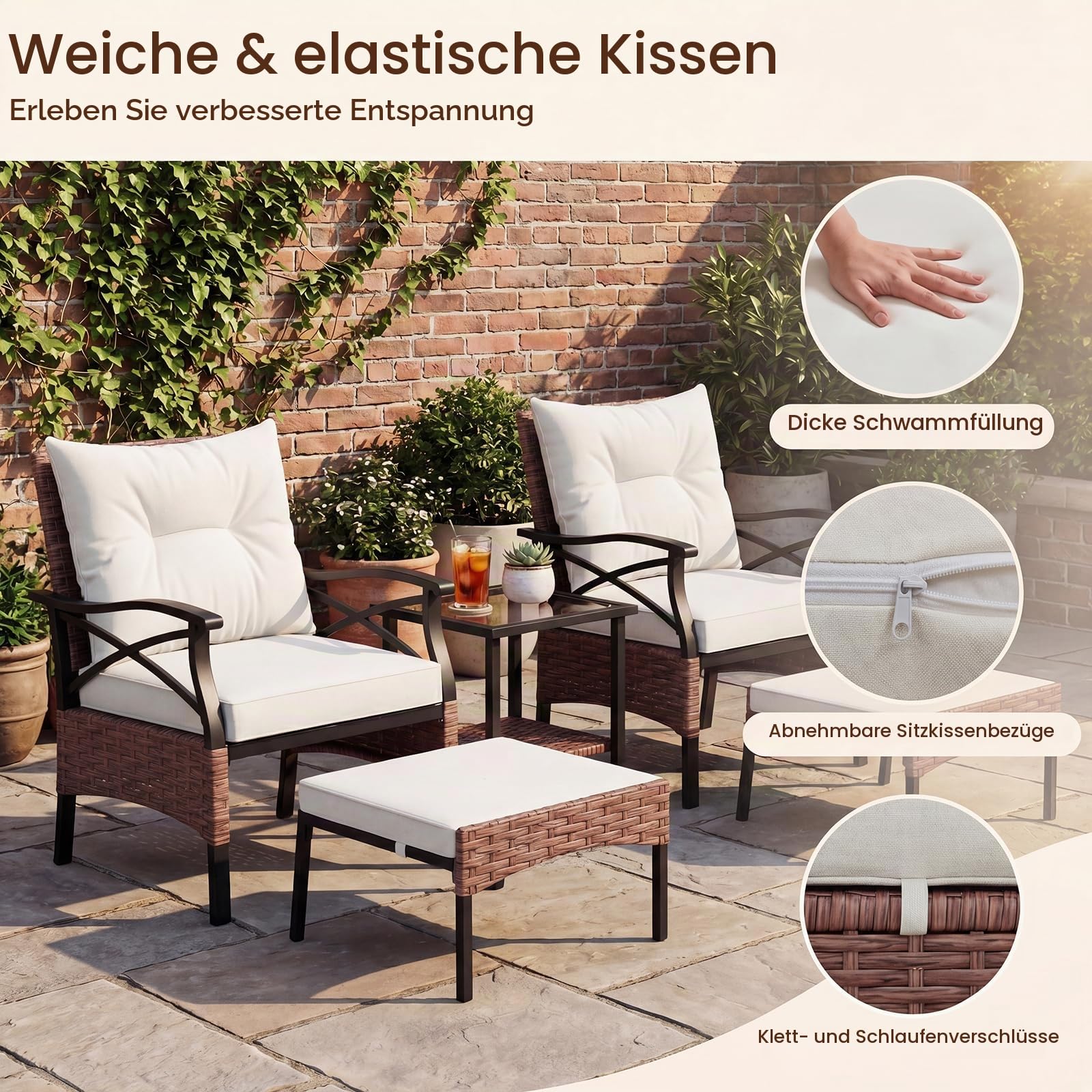 GIANTEX 5-teiliges Rattan Gartenmöbel Set, Balkonmöbel Kleiner 2-4 Personen, Lounge Möbel Outdoor mit Tisch, 2 Sessel, 2 Hocker, inkl. Rückenkissen & Sitzkissen, Terrassenmöbel