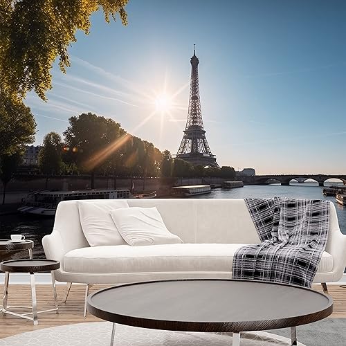 Papel tapiz realista de paisaje de cielo soleado con canal, torre Eiffel, vista de la ciudad de París, arte mural de pared grande para decoración de