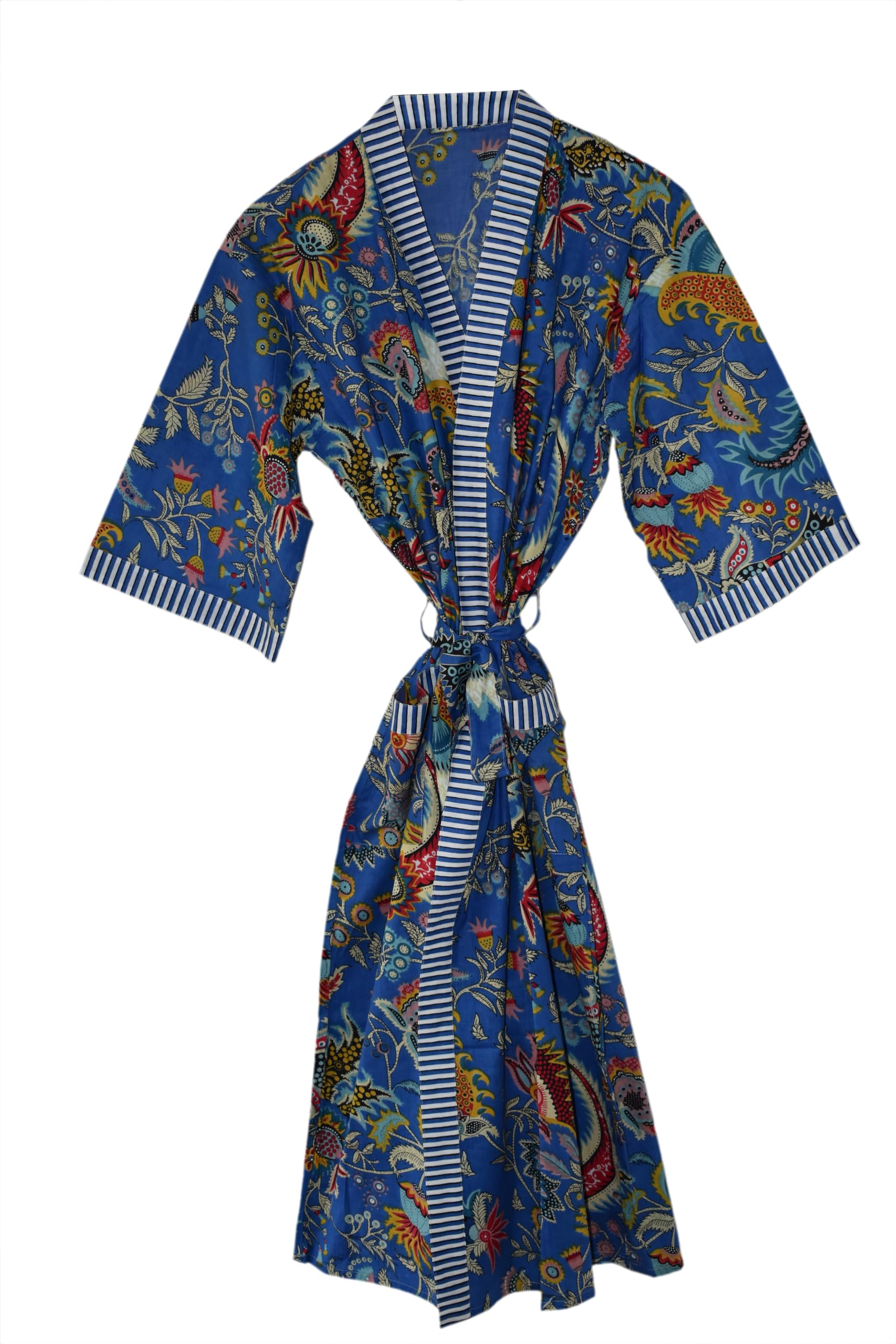 RAJBHOOMI HANDICRAFTS Kimono de algodón para mujer, tela estampada para hombres y mujeres, vestido de kimono para la playa, traje de baño, bata, cárdigan, vestidos de, azul real, XXL