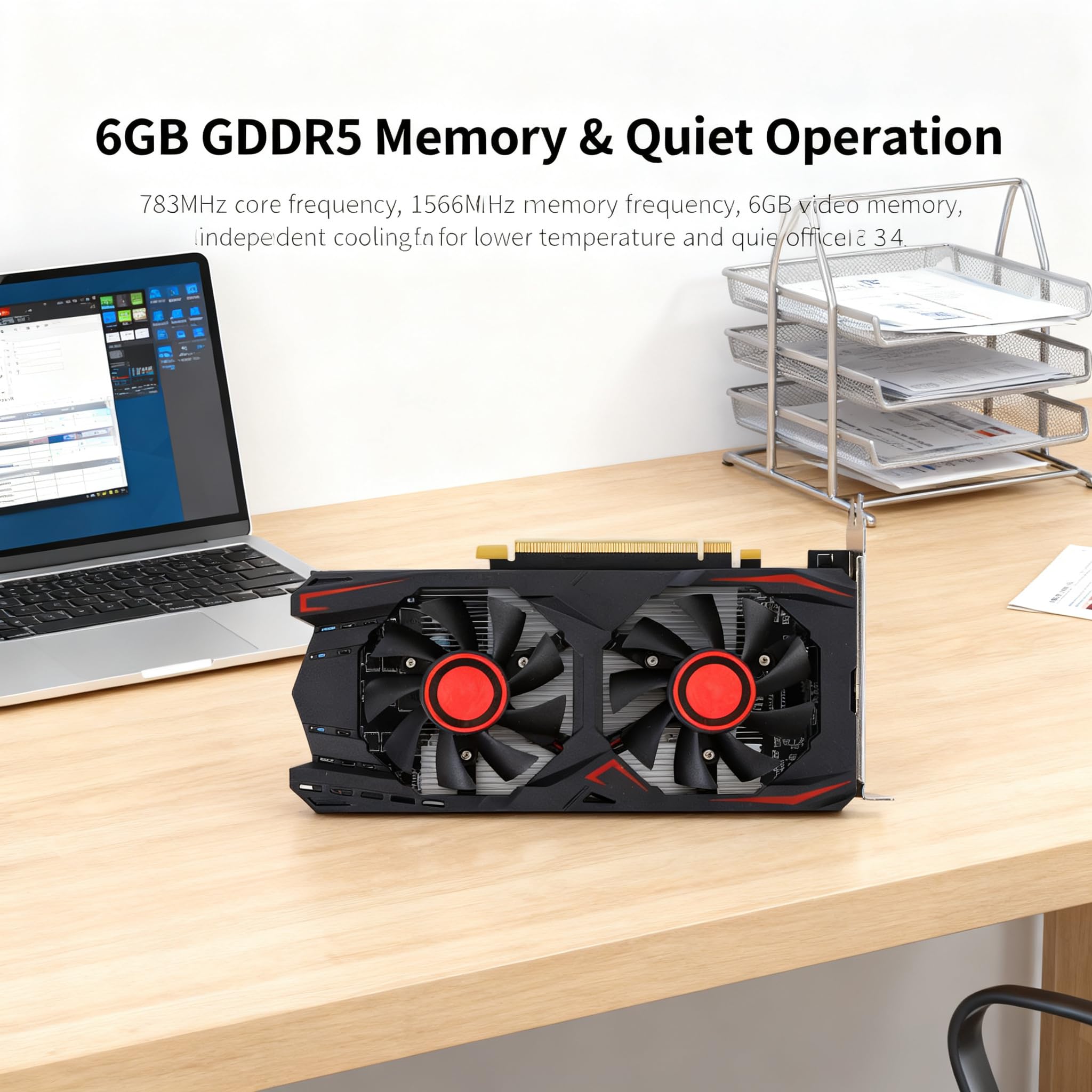 POCREATION GPU da gioco 6GB GDDR5 192BIT con raffreddamento efficiente e silenzioso PCI Express 2.0 per PC Gaming Work Video Editing DVI VGA DirectX 11
