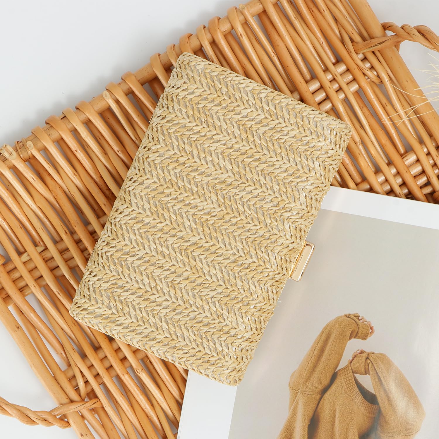 LHHMZ Pochette en paille pour femme Petit sac de soirée d'été Sac bandoulière en raphia Sac à main de plage tissé