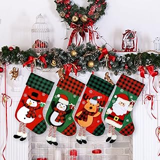 AnyDesign 4 Packs Christmas Stockings Santa Claus Snowman Reindeer Penguin Hanging Stockings with Long Leg Red Green Black Buffalo Plaids Treat Gift Stocking for Kids Family Home Decor, 17 Inch