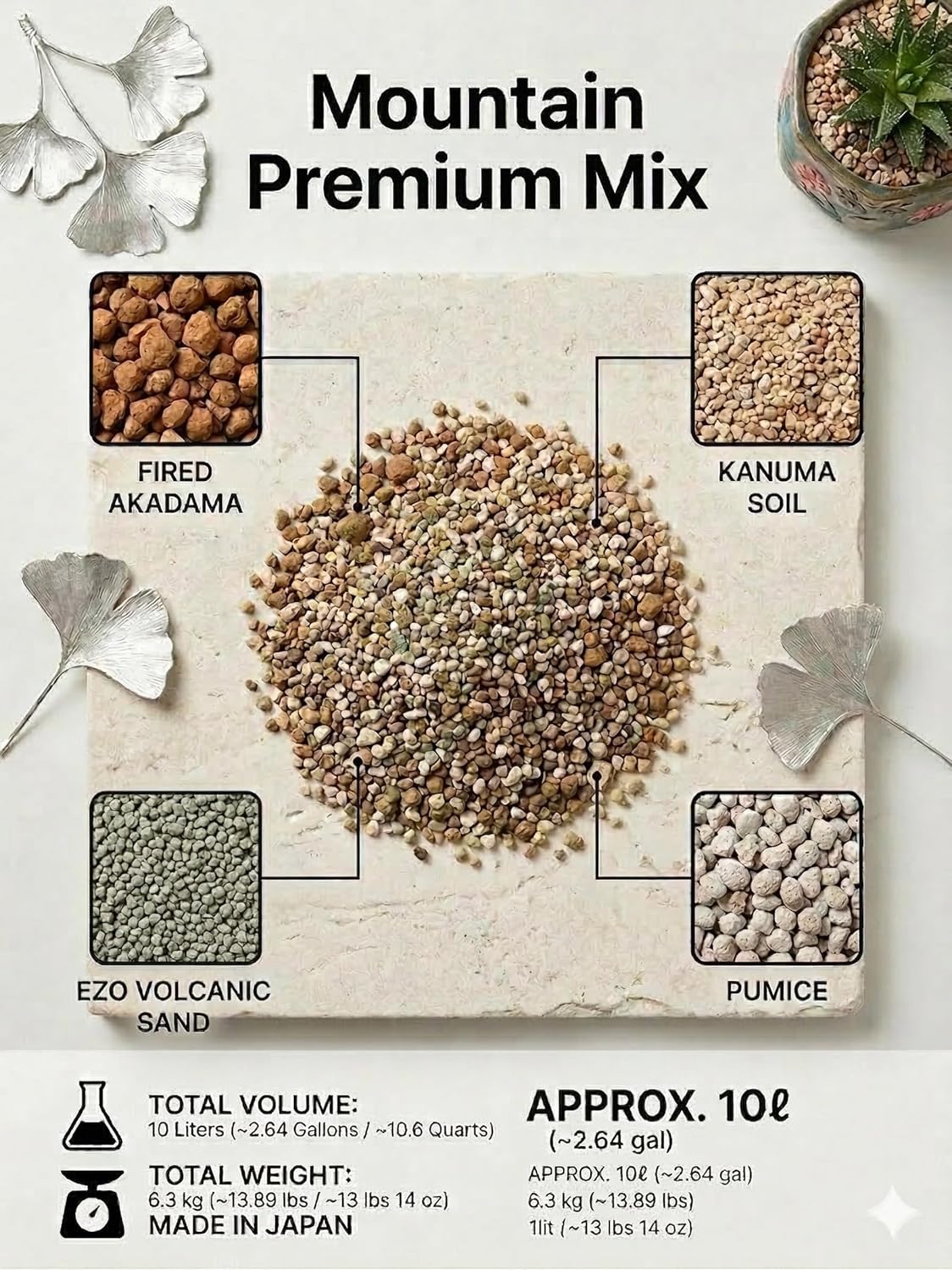 Premium Succulent & Bonsai Soil Mix with Fired Akadama, Kanuma, Ezo Volcanic Sand & Pumice - Fast Draining Volcanic Rock Substrate for Cacti & Alpine Plants - 10 Liters (13.5 lbs)