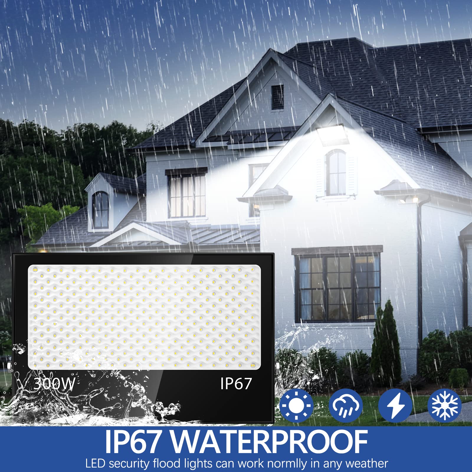 YZYFACAI 300W Faretto Led da Esterno, Faro LED Esterno,7000 K Bianco freddo,Potenti Faretti Led Esterni 30000LM,IP67 Super Luminoso Luce di Sicurezza per Ingresso, Cortile, Giardino, Garage, Pareti