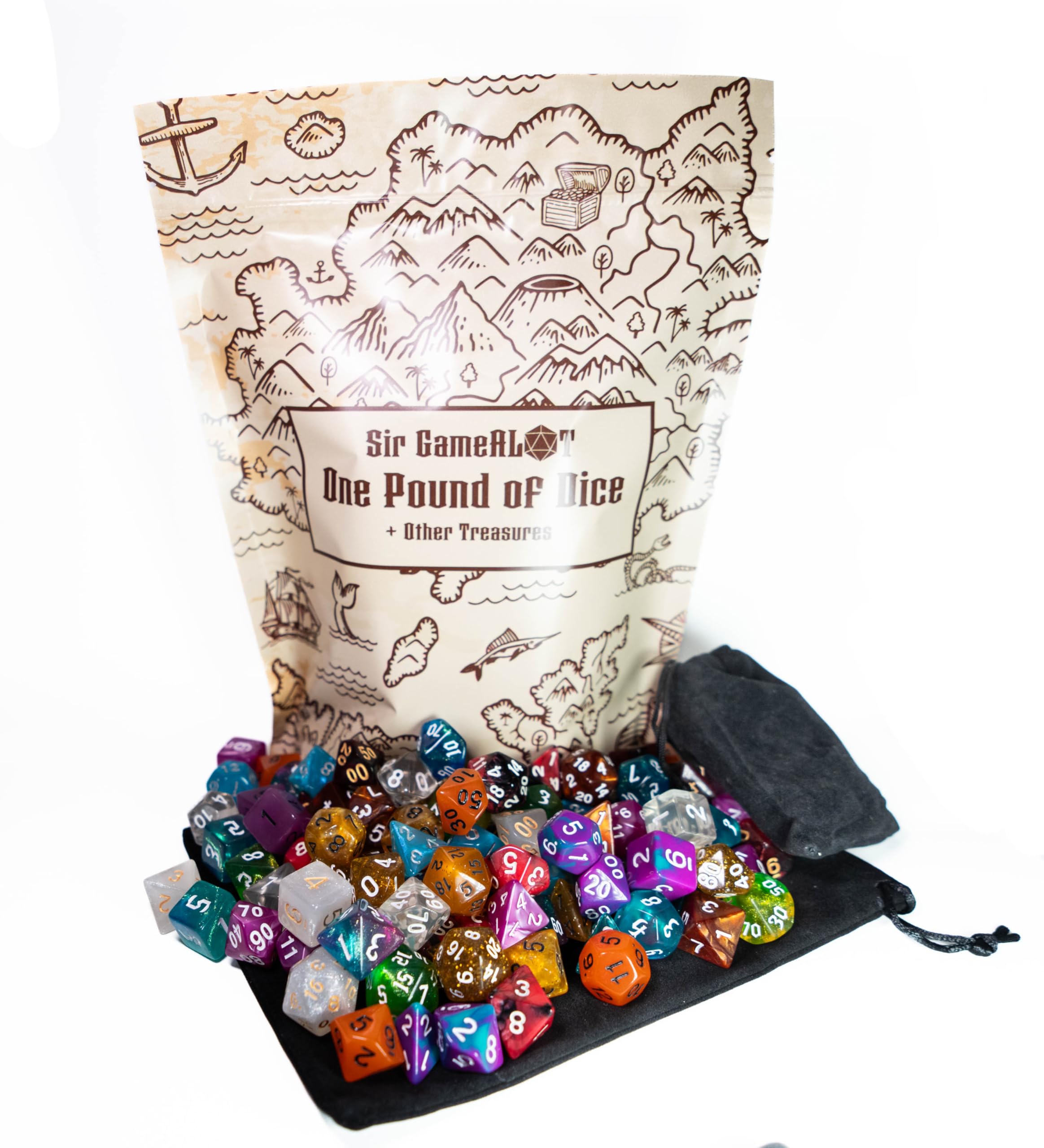 Una libra de dados RPG con "tesoros" añadidos, más de cien dados, 15 juegos de 7 dados a juego incluidos, los "tesoros" incluyen: troquel D20 de piedra preciosa/cristal, juego de 7 dados de resina
