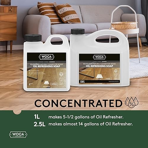 Miniatura 7 de WOCA Jabón refrescante de aceite de Dinamarca Natural 1L - Limpiador y rejuvenecedor para pisos de madera aceitada blanca  A base de plantas, seguro