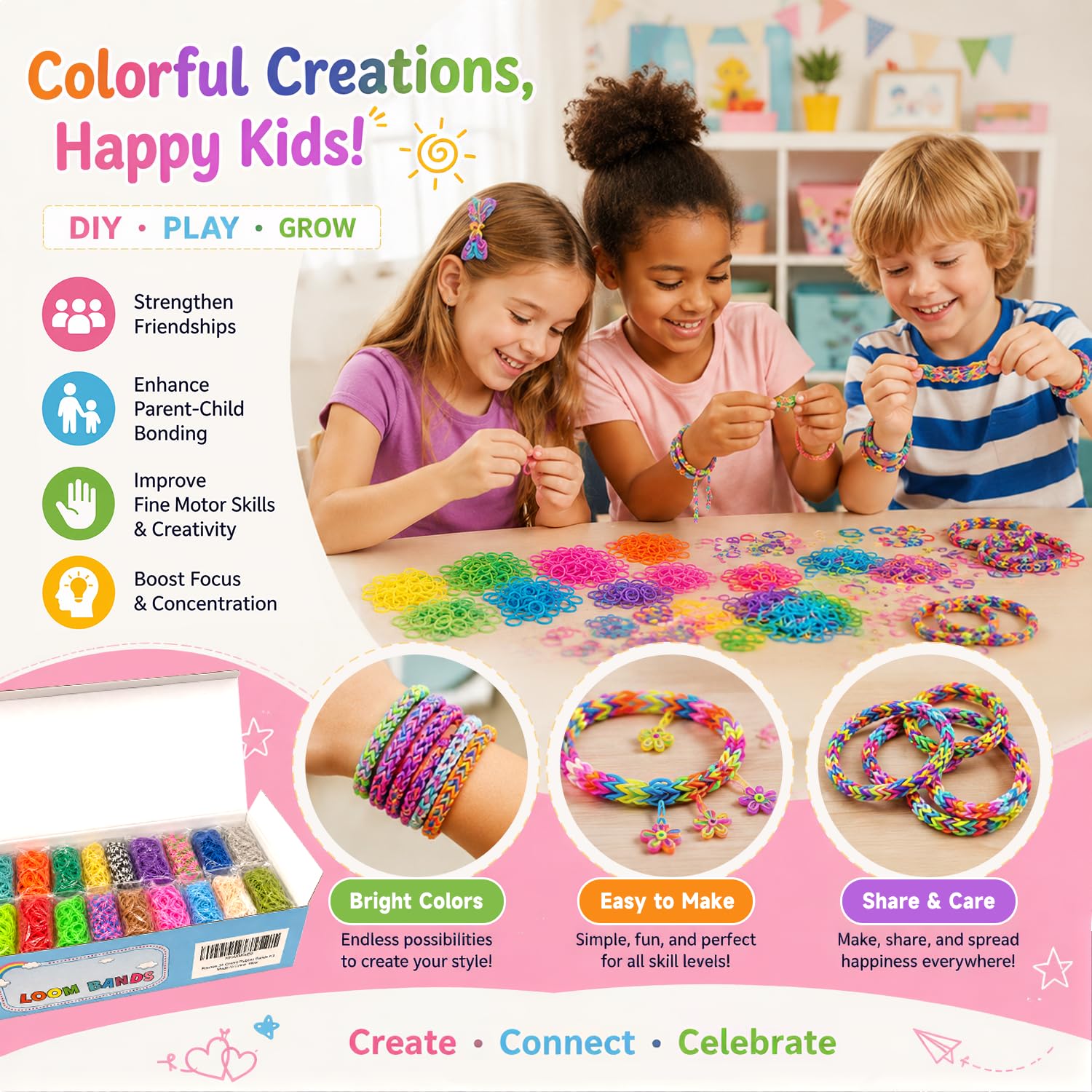 INSCRAFT 17160+ Kit di ricarica per elastici in 34 colori con 600 clip, 6 ganci, 1 istruzioni (lingua italiana non garantita), kit fai da te per la creazione di braccialetti fai da te, ottimo regalo