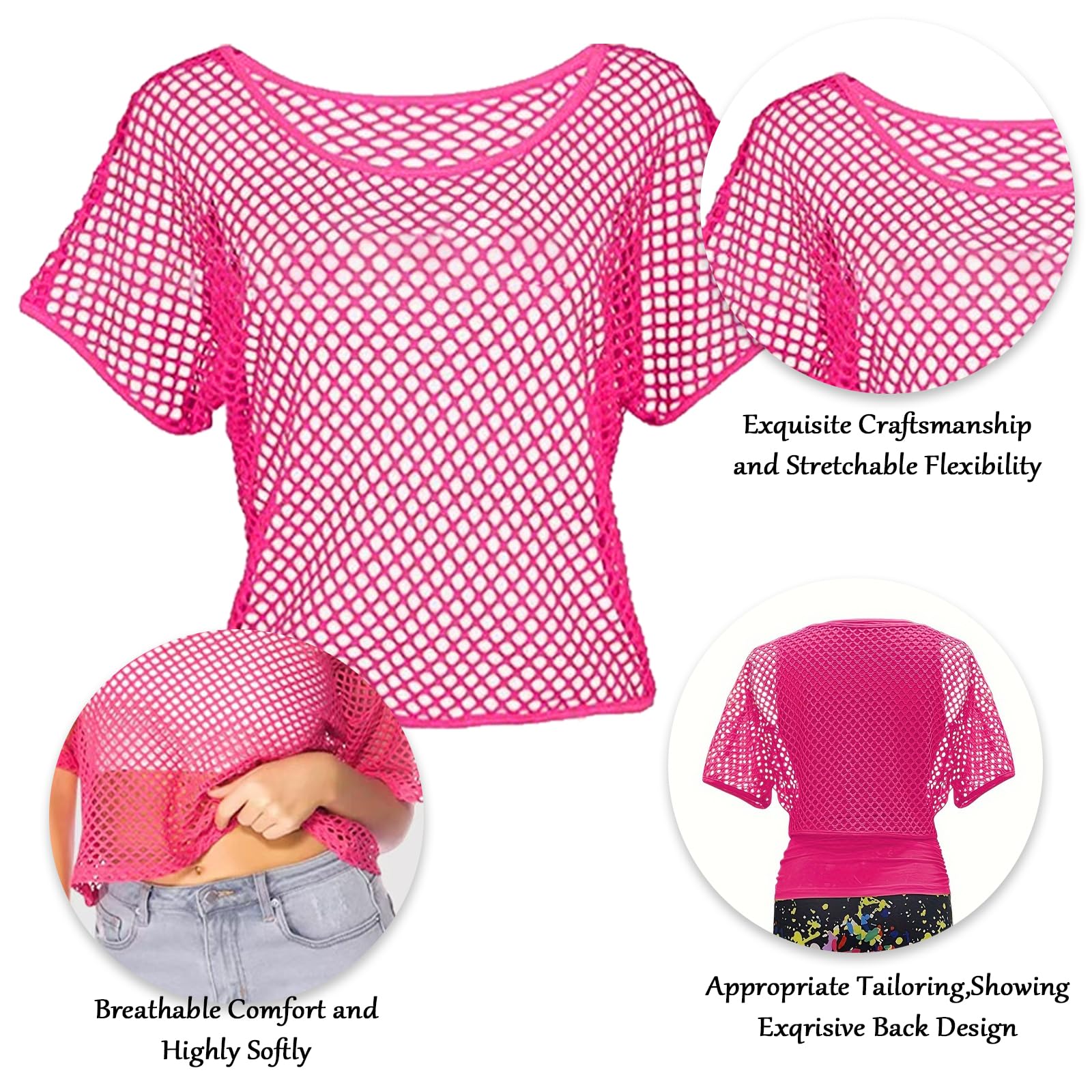 DAVBNM 2PCS 80s Neon Fishnet Top, Mesh T-Shirt for Women Girls 1980s Neon Fancy Dress Disco Costume - Image 3