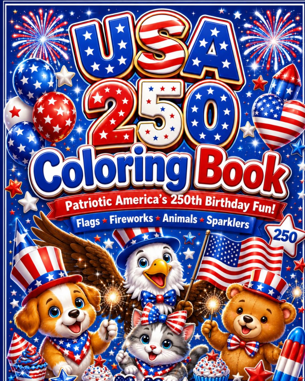 Happy Anniversary USA 250 Coloring Book for Kids: Patriotic Fourth of July Coloring Pages with Flags, Fireworks, Animals, Sparklers and Bold Easy America 250 Designs