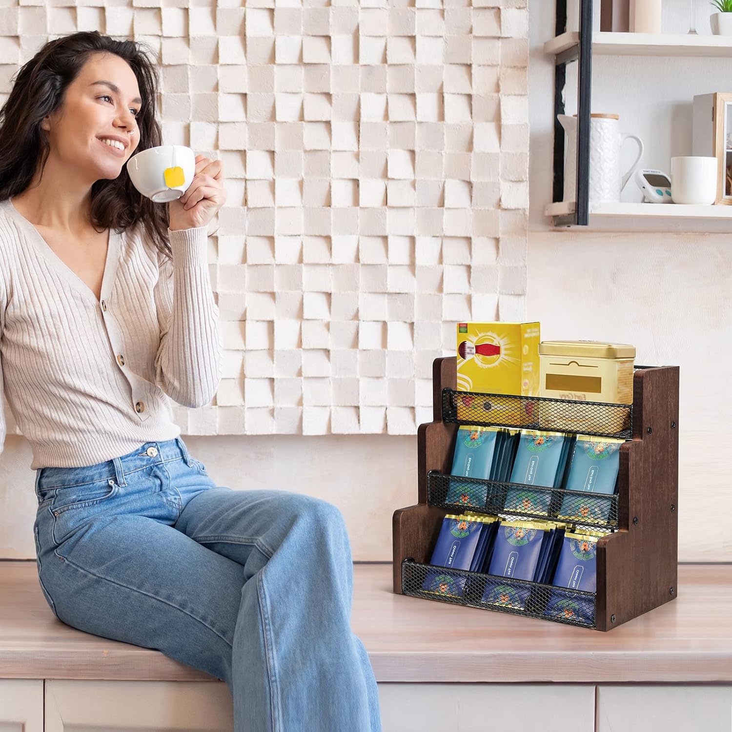 THYGIFTREE Teebeutelhalter mit 3 Ebenen, Teebeutel Aufbewahrung, Massivholz, Teebeutel-Organizer für Küche, Büro, Arbeitsplatte, Zuckerpackungen, Milchkännche