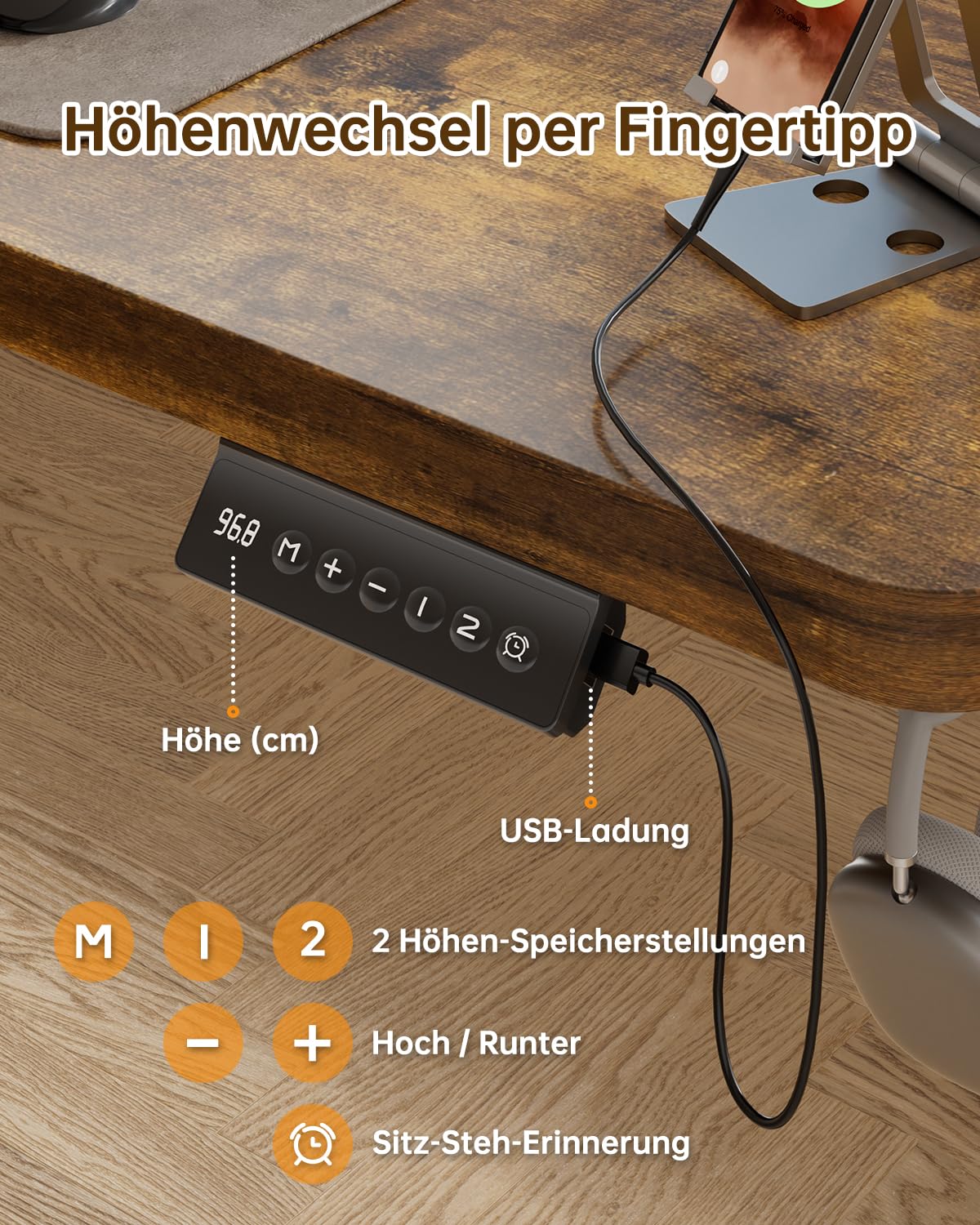 JUMMICO Höhenverstellbarer Elektrischer Schreibtisch 160 x 70 cm mit USB Ladeanschluss, Schreibtisch Höhenverstellbar, Ergonomischer Steh-Sitz Tisch Braun