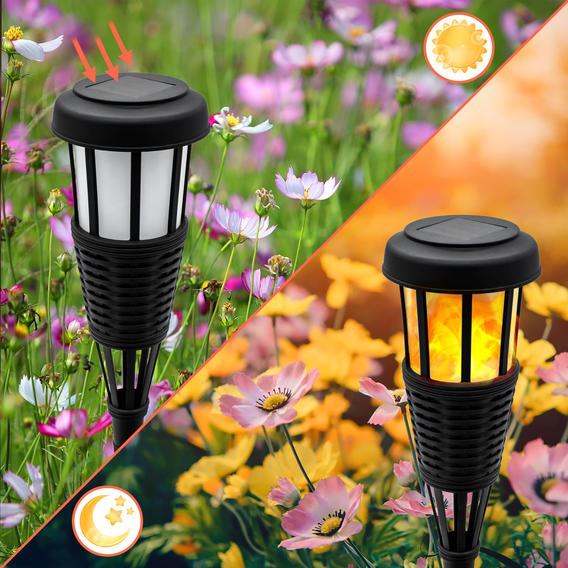 Spetebo LED Solar Gartenfackel in Rattan Optik - 12er Set - Solarleuchte 48 x 10 cm mit Flackereffekt - Garten Deko Beleuchtung Gartenstecker Beetstecker Gewegleuchte mit Flammen Effekt