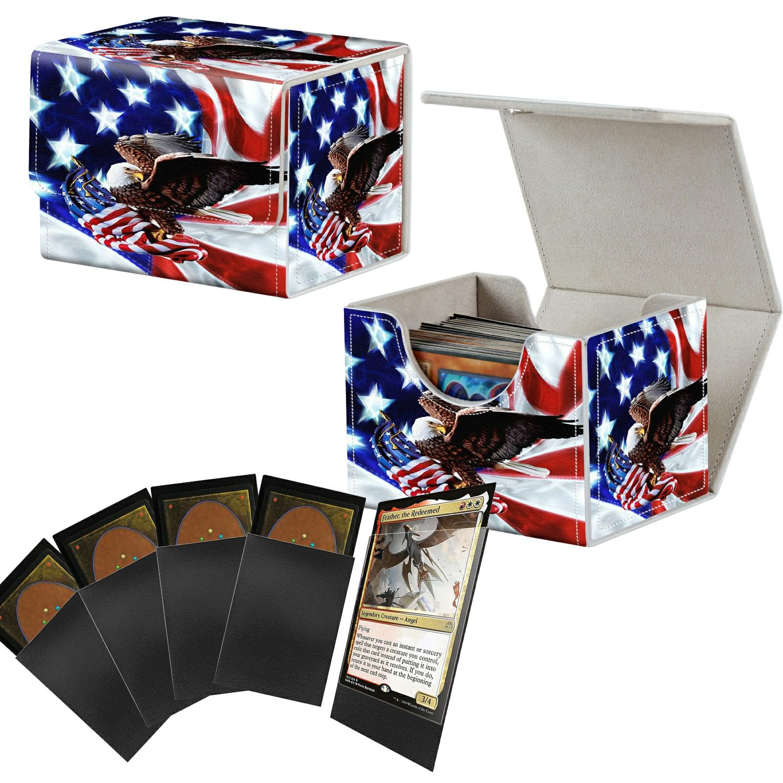 Dikoer Card Deck Box with 50 Pack Sleeves 2PCS, MTG Commander Deck Box for Trading Cards, 100+ Sleeved Cards with PU Leather Magnetic Card Storage Box for TCG CCG Magic Cards, Eagle on American Flag