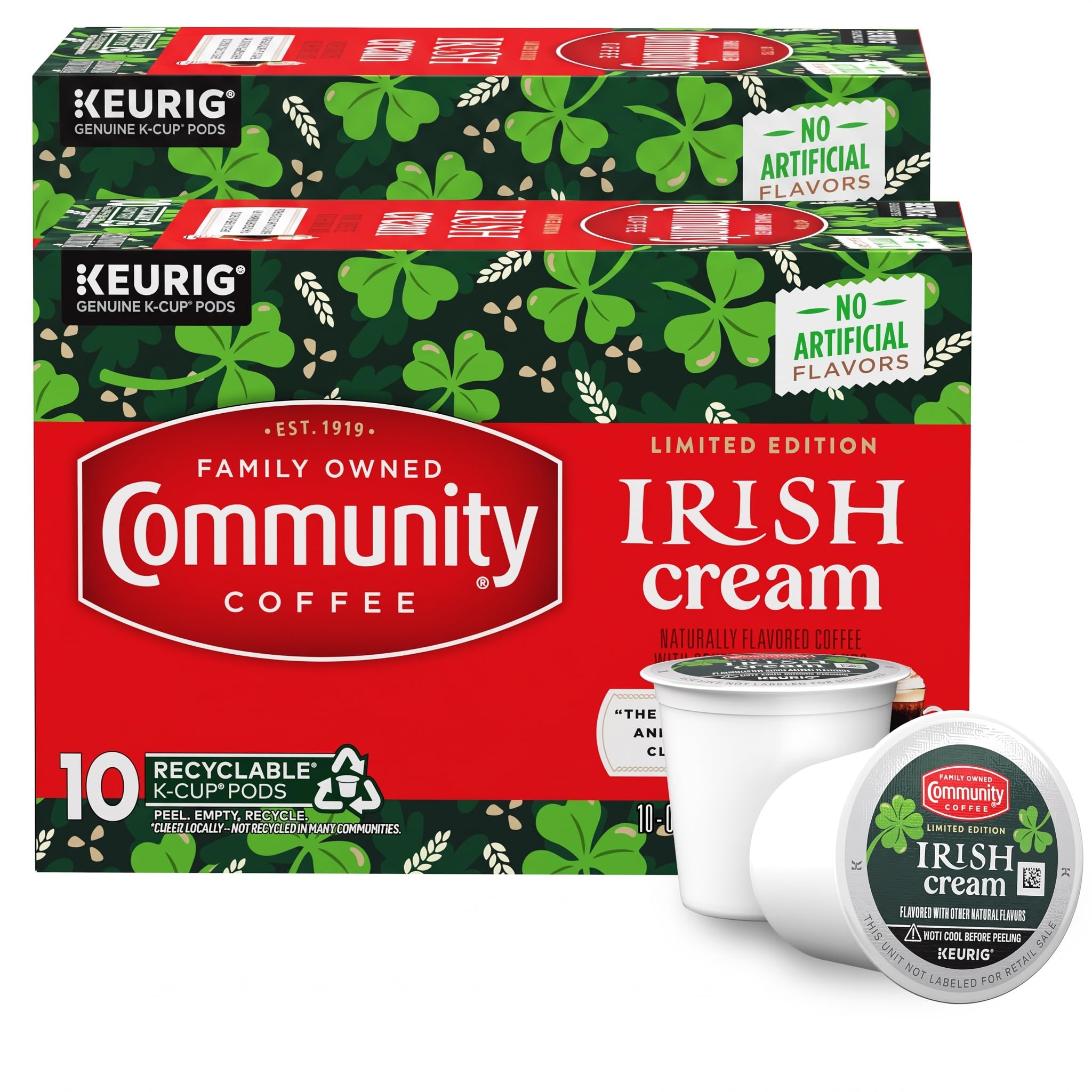 Community Coffee Irish Cream Flavored Coffee Pods, 10 count, Medium Roast Compatible with Keurig 2.0 K-Cup Brewers, 10 Count (Pack of 2)