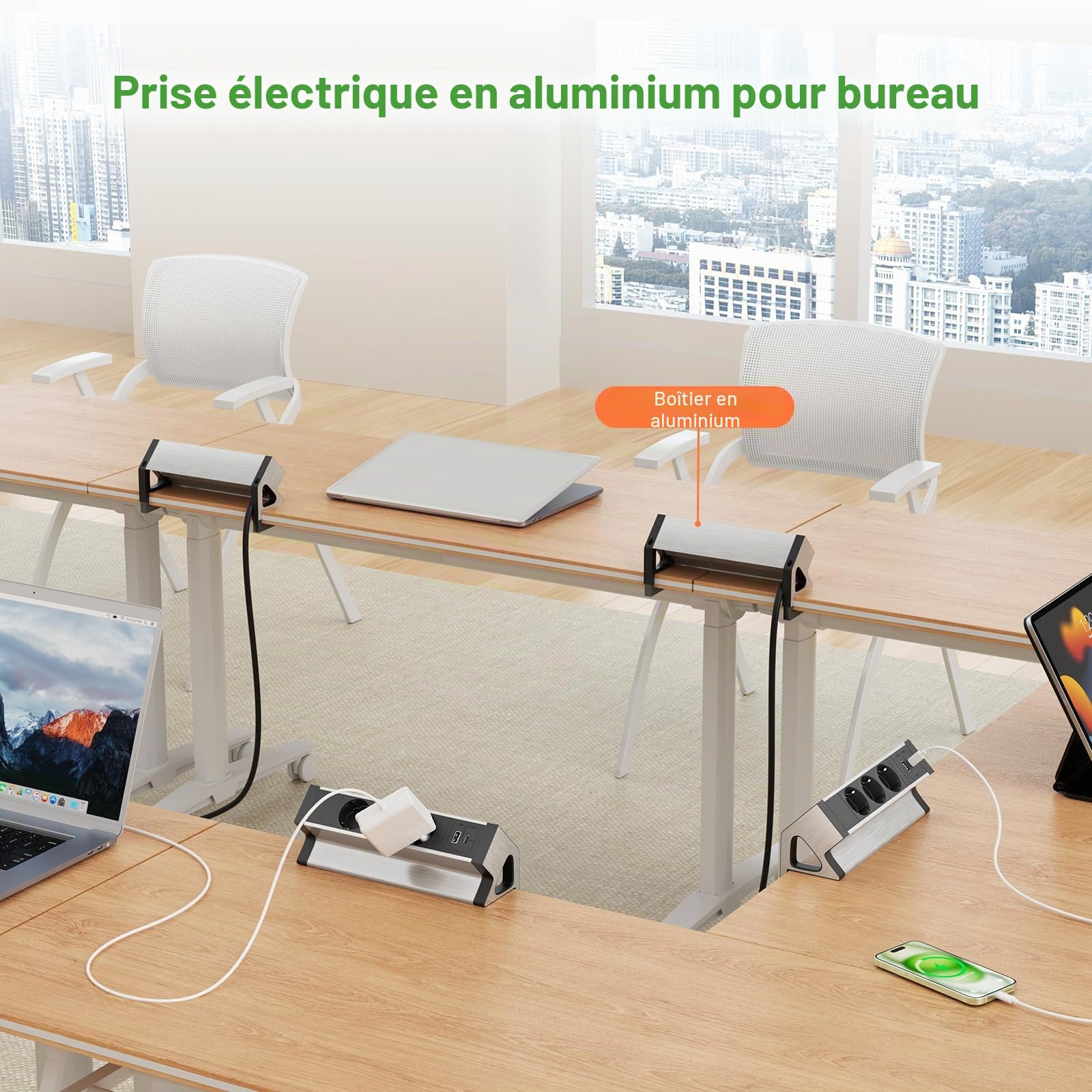 Multiprise Bureau USB C, Multiprise Electrique 3 Prises avec USB, Aluminium Bloc Multiprise Prise Plan de Travail pour Bureau, Cuisine, Bains, Salon, 1,8M Câble