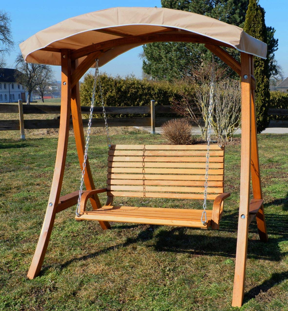 ALEOS. Design Hollywoodschaukel Gartenschaukel Schaukelbank Rio aus Holz Lärche mit Dach und Polsterauflage braun