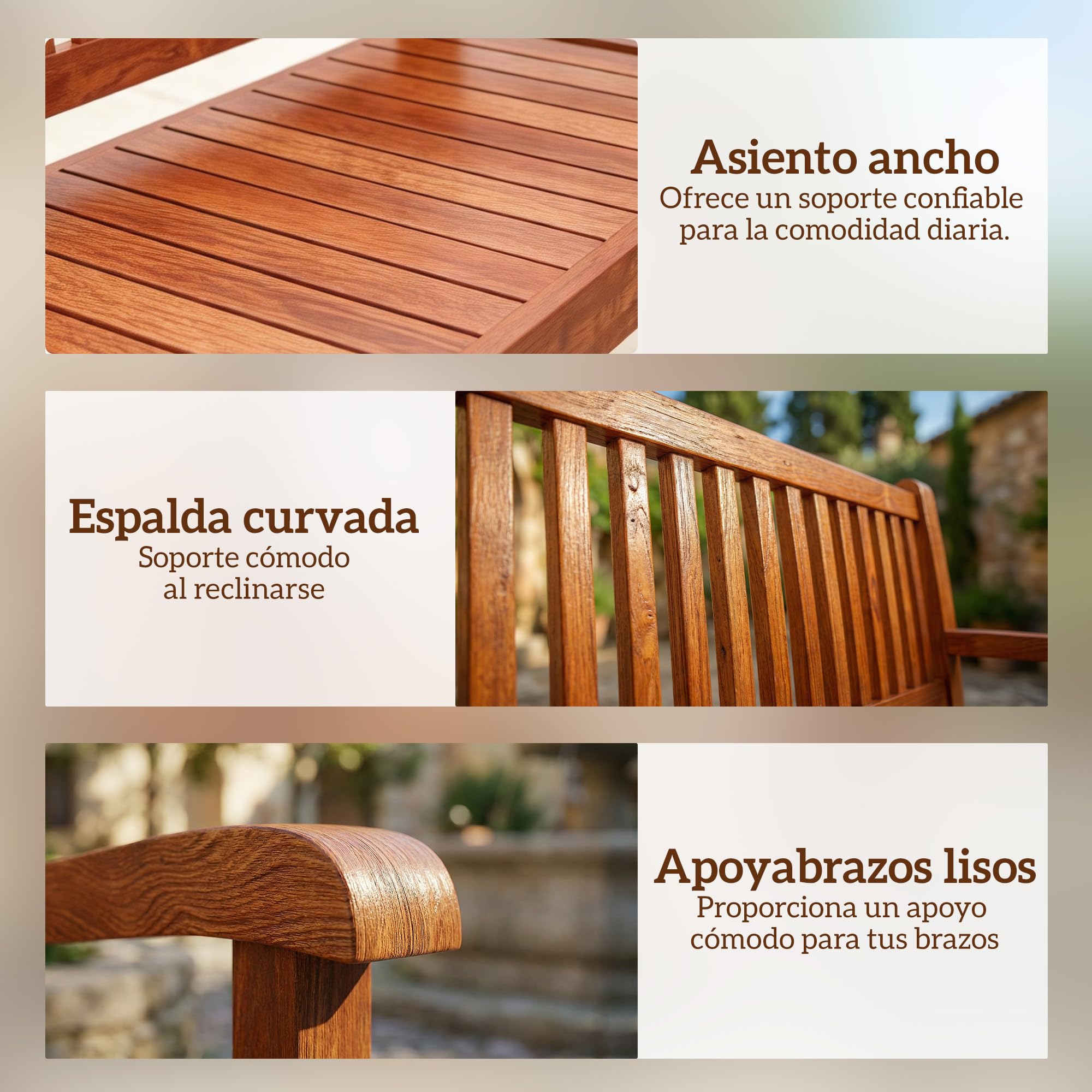 Outsunny Banco de Jardín de Madera, Banco de Exterior de 2 Plazas con Funda Impermeable, Respaldo Ergonómico, Reposabrazos, Carga 240 kg, para Patio, Terraza, 125x62x90 cm, Marrón Claro