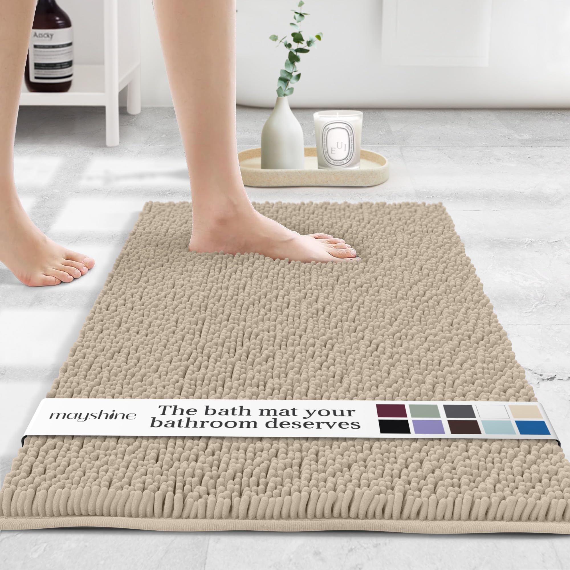 MAYSHINE Small Plush Shaggy Chenille Bath Mat 23"x14"| Extra Soft, Super Absorbent, Non-Slip Bathroom Rug | Fluffy Microfiber, Area Rug Sets for Bathroom Floor, Kitchen, Living Room |Beige