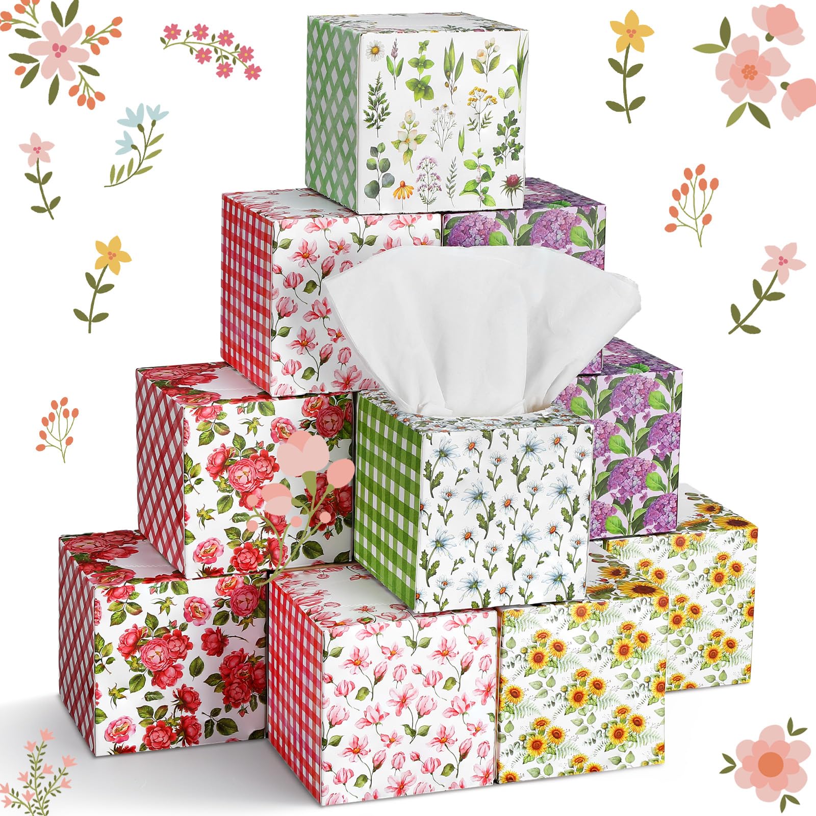 Fourluoo 12 Pack Flower Facial Tissues Cube Face Boxes 600 Sheets 3 Ply