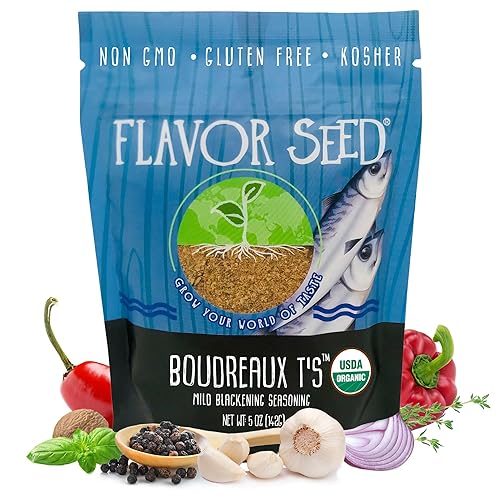 Flavor Seed Condimento ennegrecido Boudreaux T's, ingredientes orgánicos, condimento cajún sin gluten para carne y mariscos, especias cajún suaves
