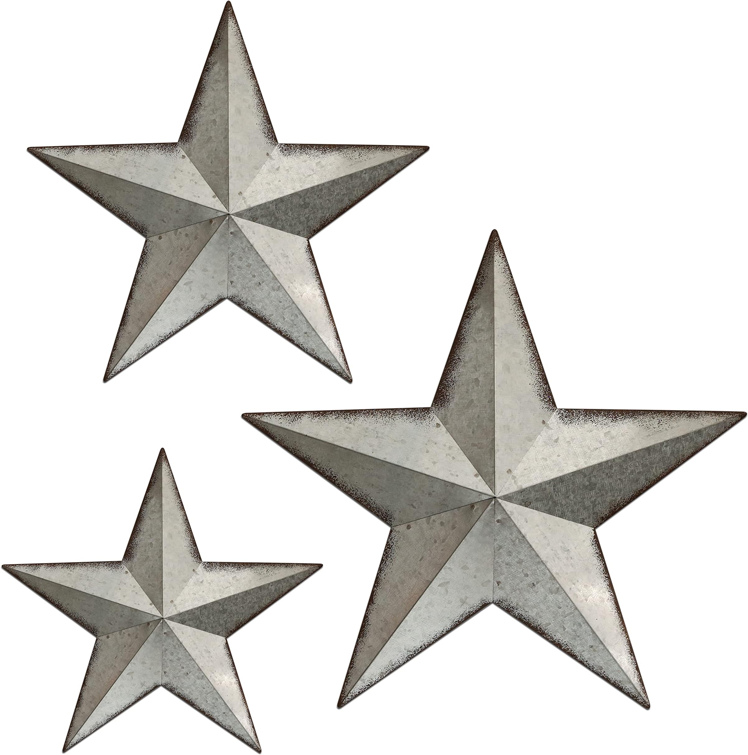 3 Pcs Metal Barn Star, Galvanized Hanging Wall Decor, Farmhouse Wall Sculpture, 3D 13/11/9.5 Inch Wall Art for Office Living Room Bedroom (Galvanized Star)