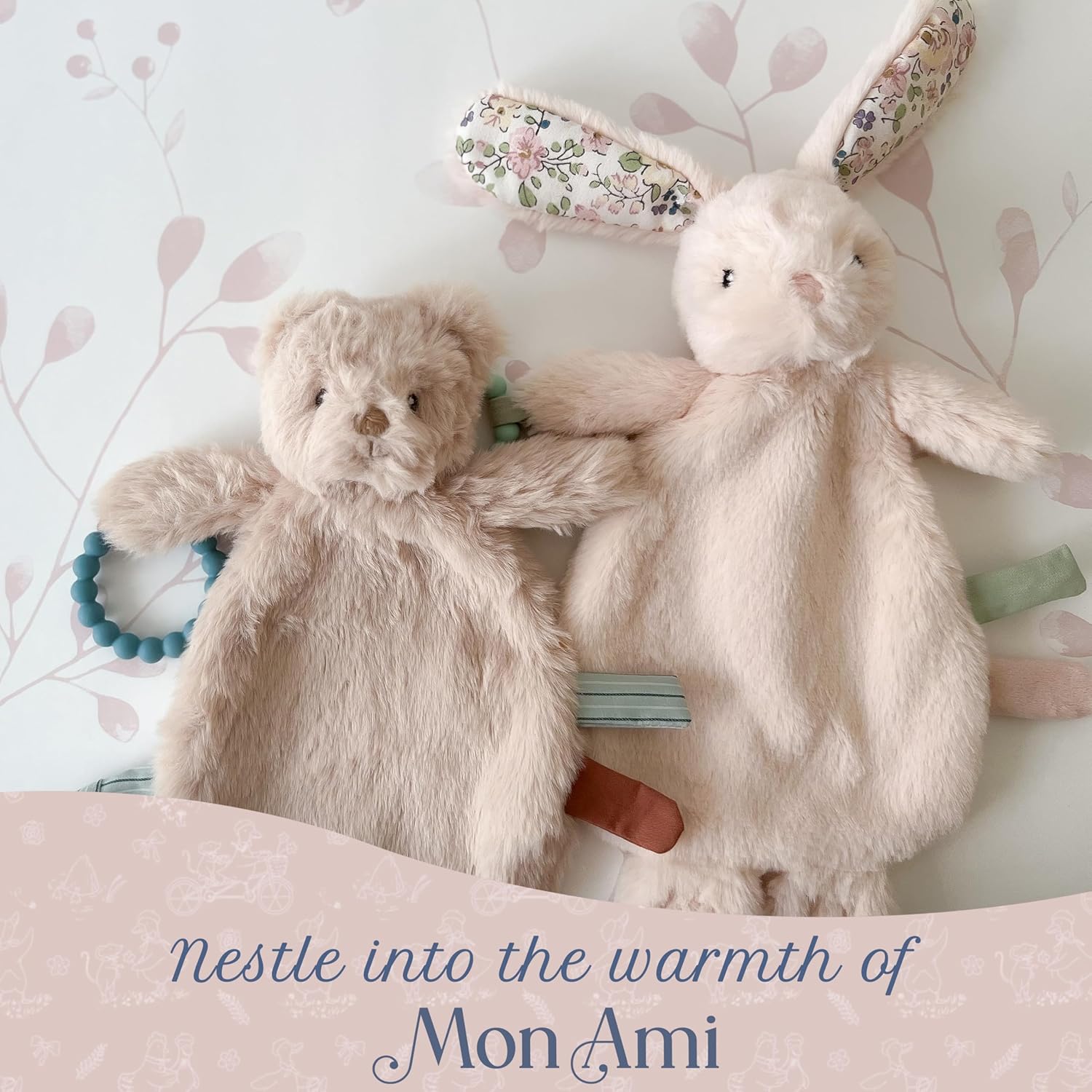 MON AMI Rosie Bunny Security Blanket with Silicone Teether | 12-Inch Plush Lovey for Babies | Soothing Sensory Snuggle Toy | Perfect Newborn Essential for Birthdays & Baby Showers