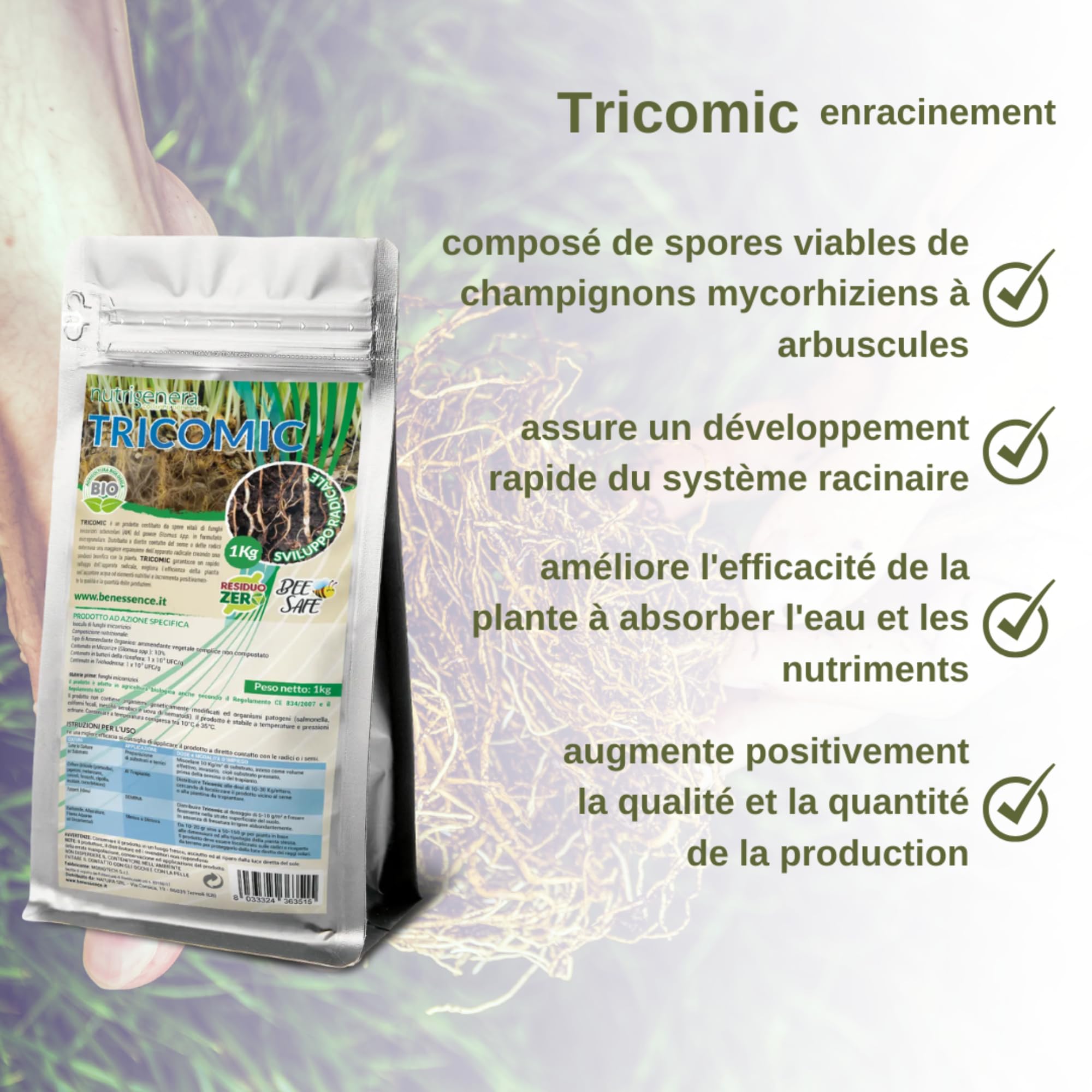 Nutrigenera - Tricomic - Inoculum champignons mycorhiziens : stimule l'expansion des racines - Protège contre les insectes nuisibles - 2 kg