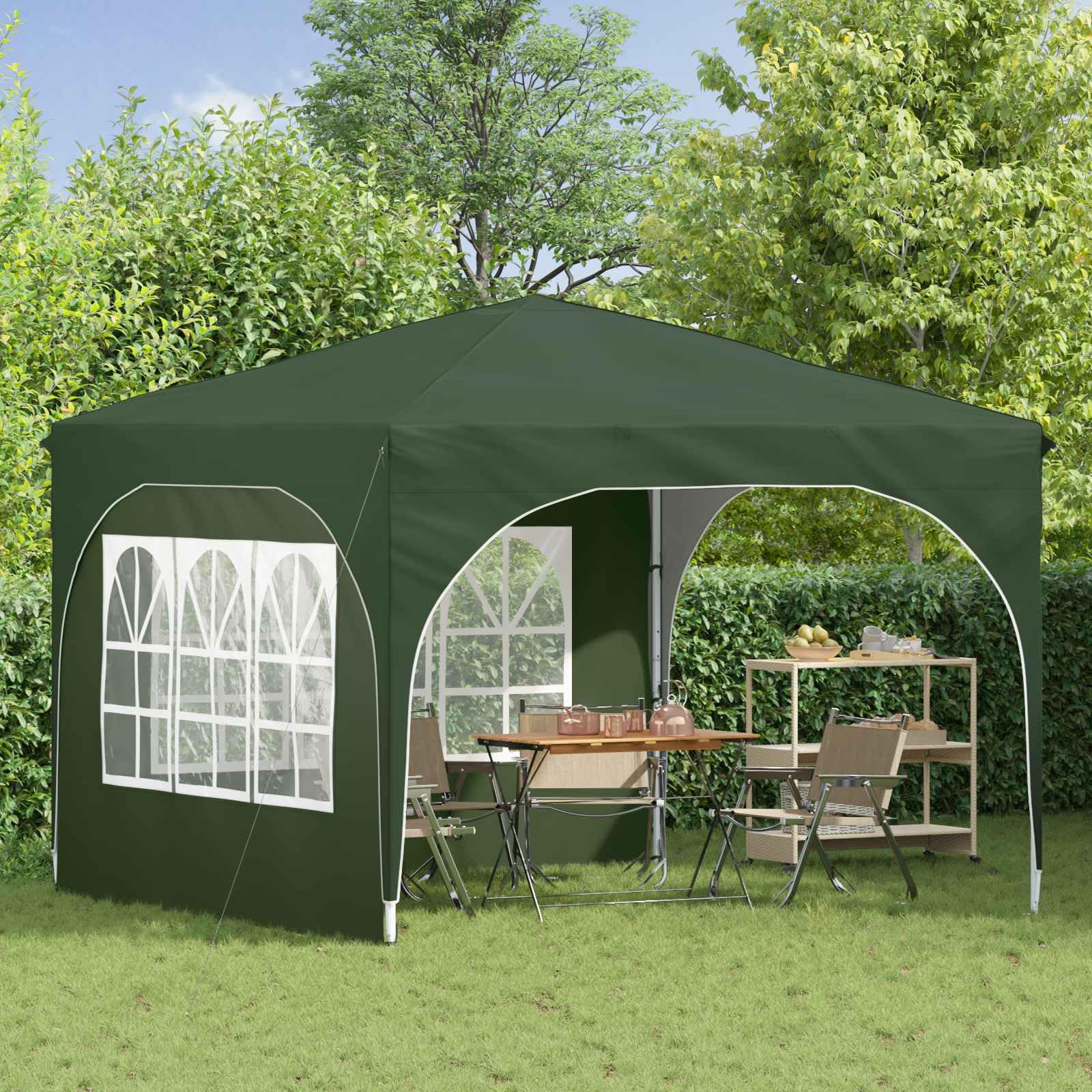 Namiot imprezowy Pop-up 290 x 290 x 245 cm, zielony, tkanina Oxford 210D, regulacja wysokości 227-245 cm, z 2 ścianami bocznymi, ochrona przed promieniowaniem UV i deszczem, mobilny namiot