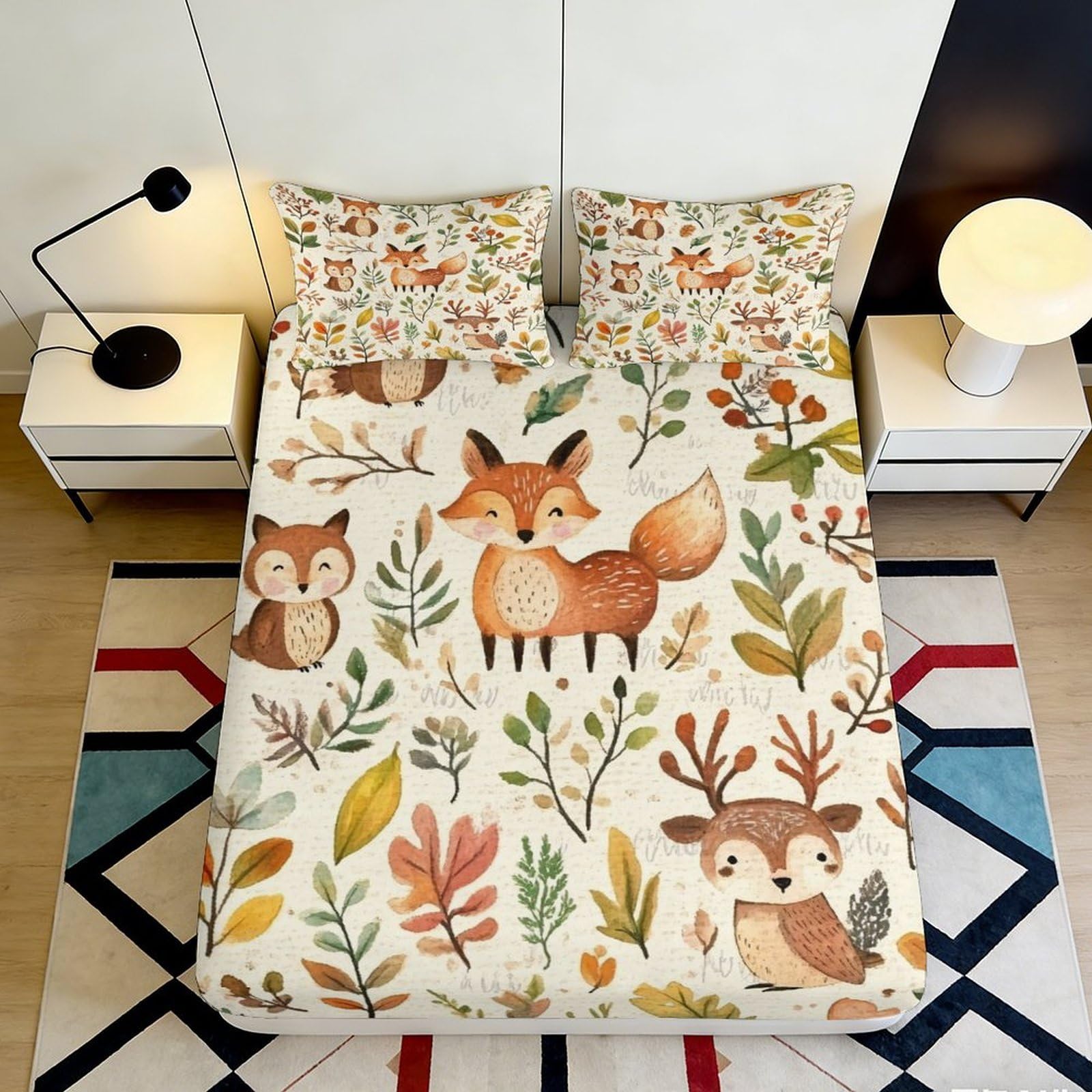 3D Printed Woodland Fox Fitted Sheet Microfiber Soft Breathable Forest Deer Mattress Cover for Bedroom Decor 90x200x25cm