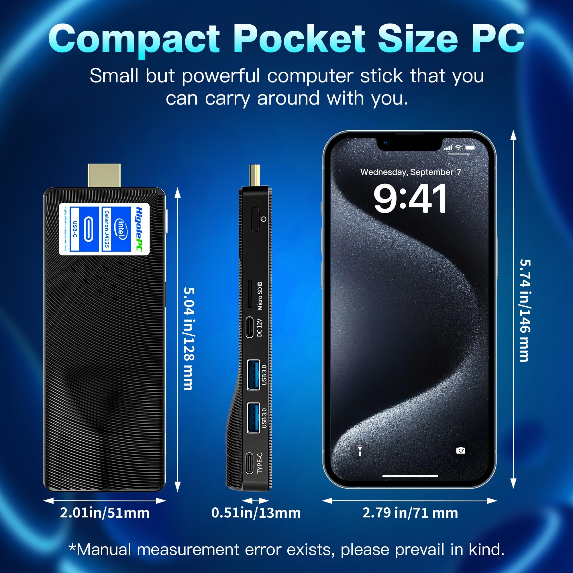 Mini PC Stick Win 11 Pro, Fanless Mini Computer, Celeron J4125 8GB 256GB eMMC 2.7 GHz, USB-C, USB3.0 X 2, RJ45 Gigabit Ethernet 4K 60Hz, WiFi BT 5.2 HDMI 2.0 für Geschäft Zuhause Büro