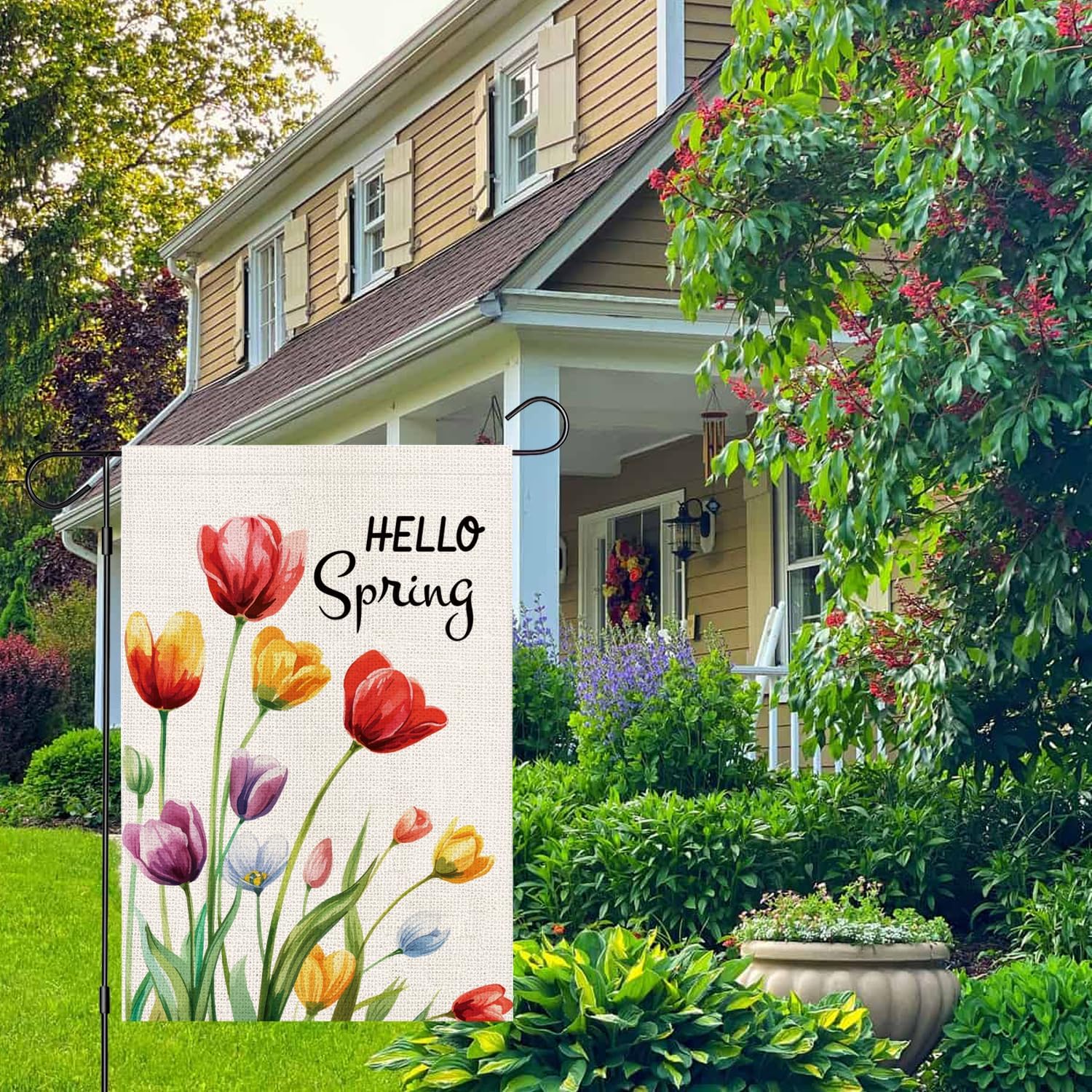 Hello Spring Floral Garden Flag 12x18 Inch Double Sided Tulips Flowers Small Burlap Yard Flag for Outside - Image 2