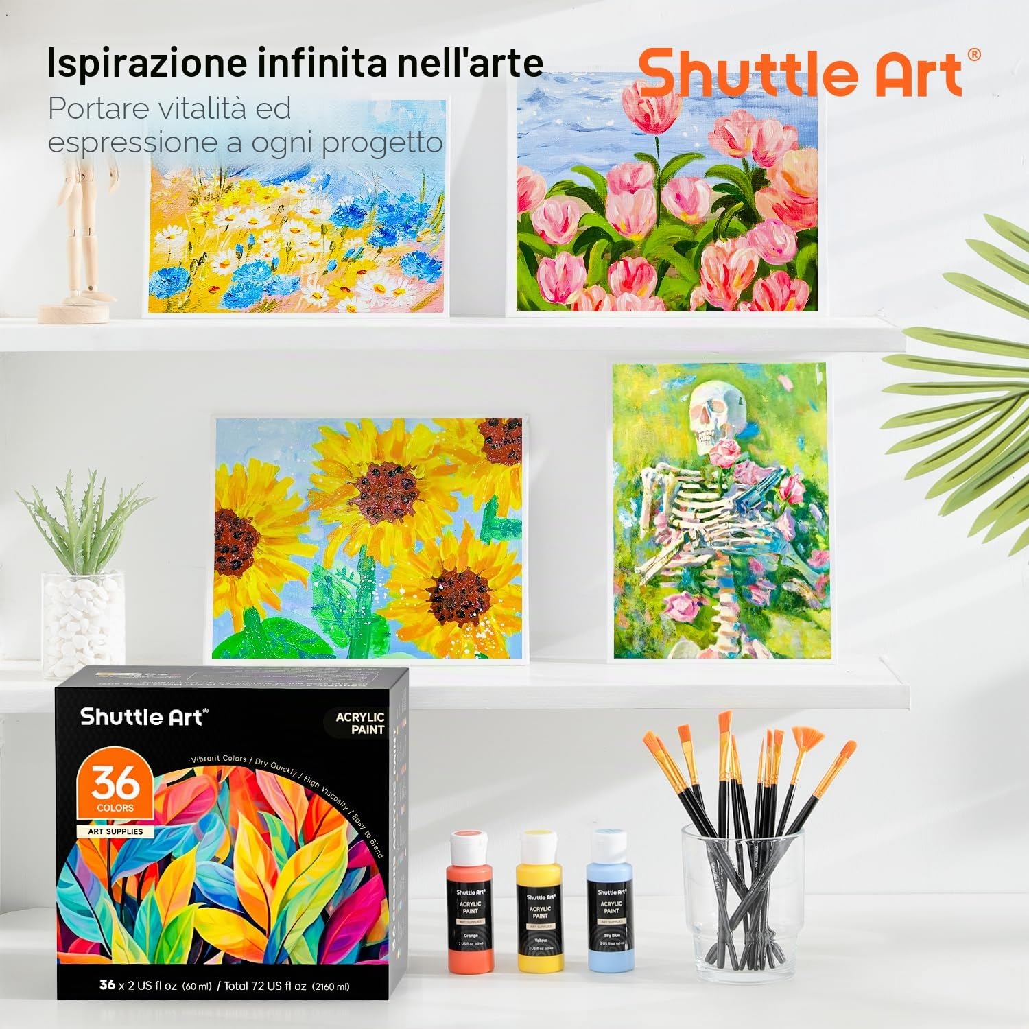 Shuttle Art 36 Colori Acrilico per Dipingere, Bottiglie 60ml Set Pittura, Ricco Pigmentato, Vernice Pittura Acrilica Professionali per Artisti, Principianti su Tela Rocce Legno Ceramica Tessuto