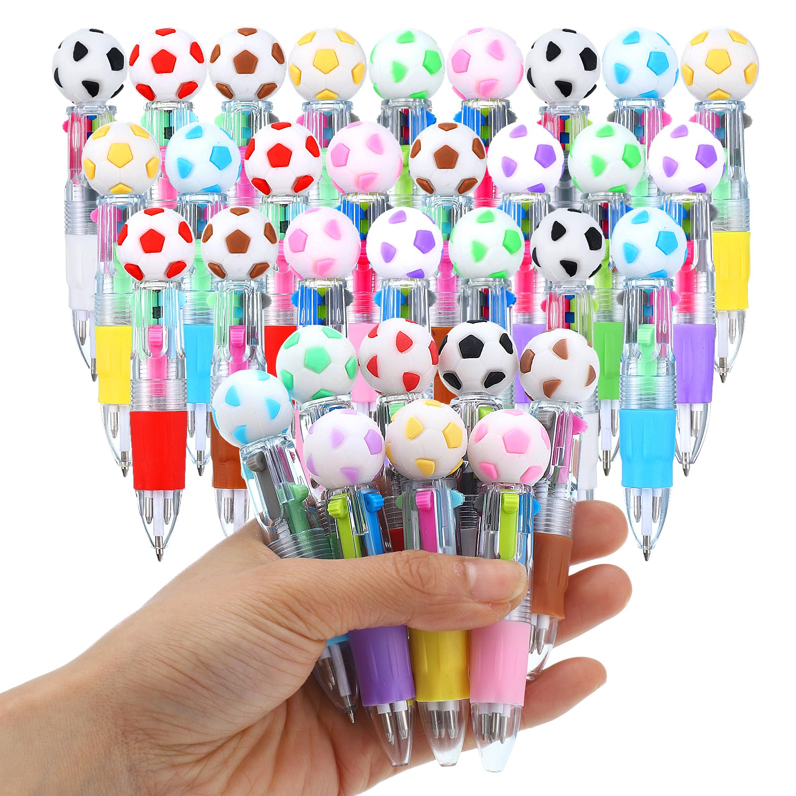 Yoosso 24 Pack Football Mini Pens, Ballpoint Pens Set All In One 4 In 1 Fun Soccer Theme Football Stocking Fillers for Boys Party Favours, Party Bag Fillers for Students School Gifts