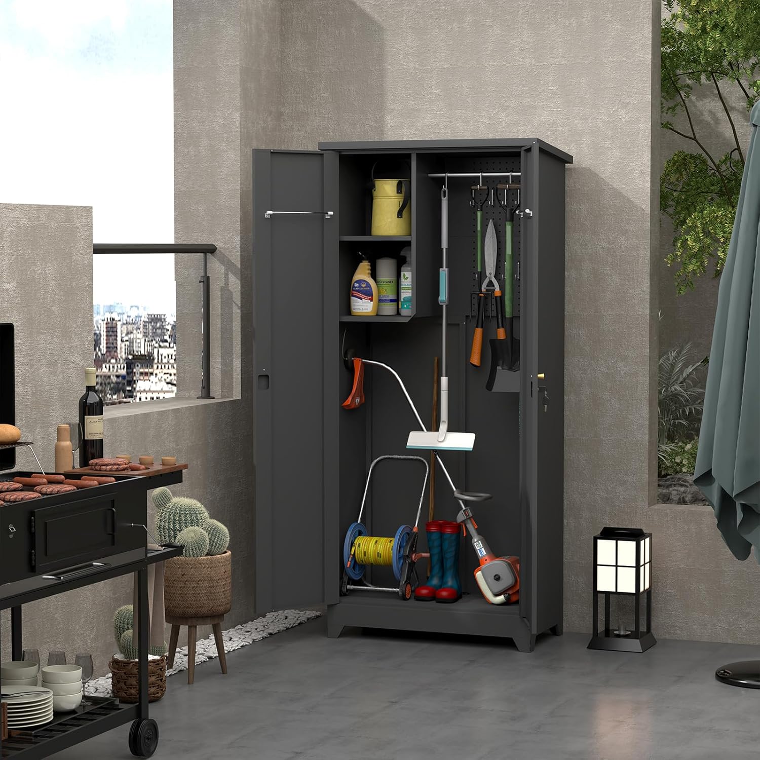 72" Waterproof Storage Cabinet with Versatile Storage Space, Floor Storage Cabinets with Secure Anti-Theft Locking, Storage Locker with Leveling Feet for Garden, Grey