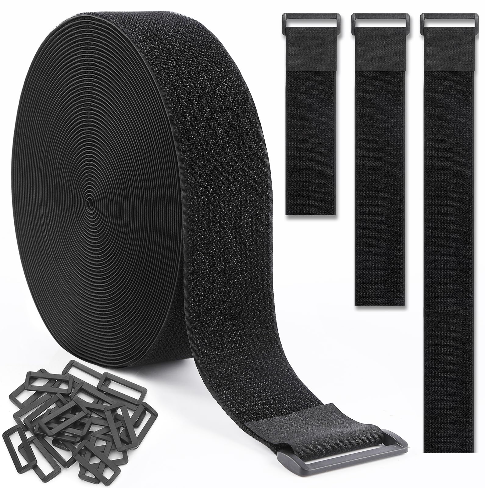 GDSZ LAERSI 6M Adjustable Reusable Cable Ties with 25 Buckles and Hook Strap for Cable Management and Storage (6m x 5cm, Black)