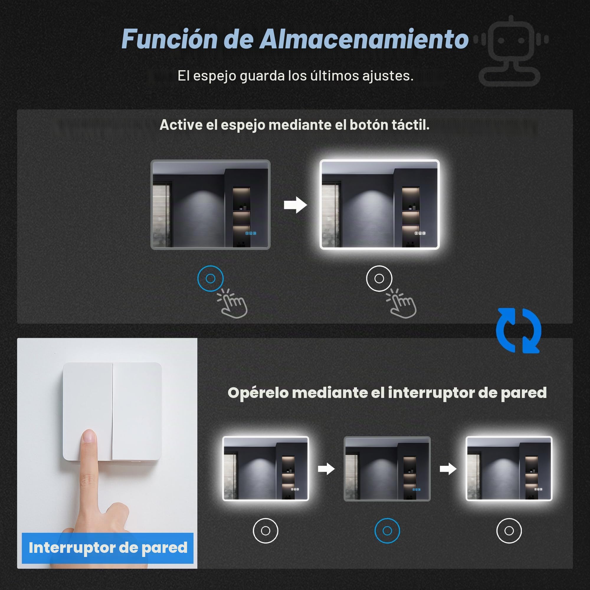 SONNI Espejo de baño LED con Bluetooth 100x60 cm, espejo de baño con iluminación y táctil, enchufe, 3 colores de luz, función antiempañamiento y de memoria, 3 aumentos