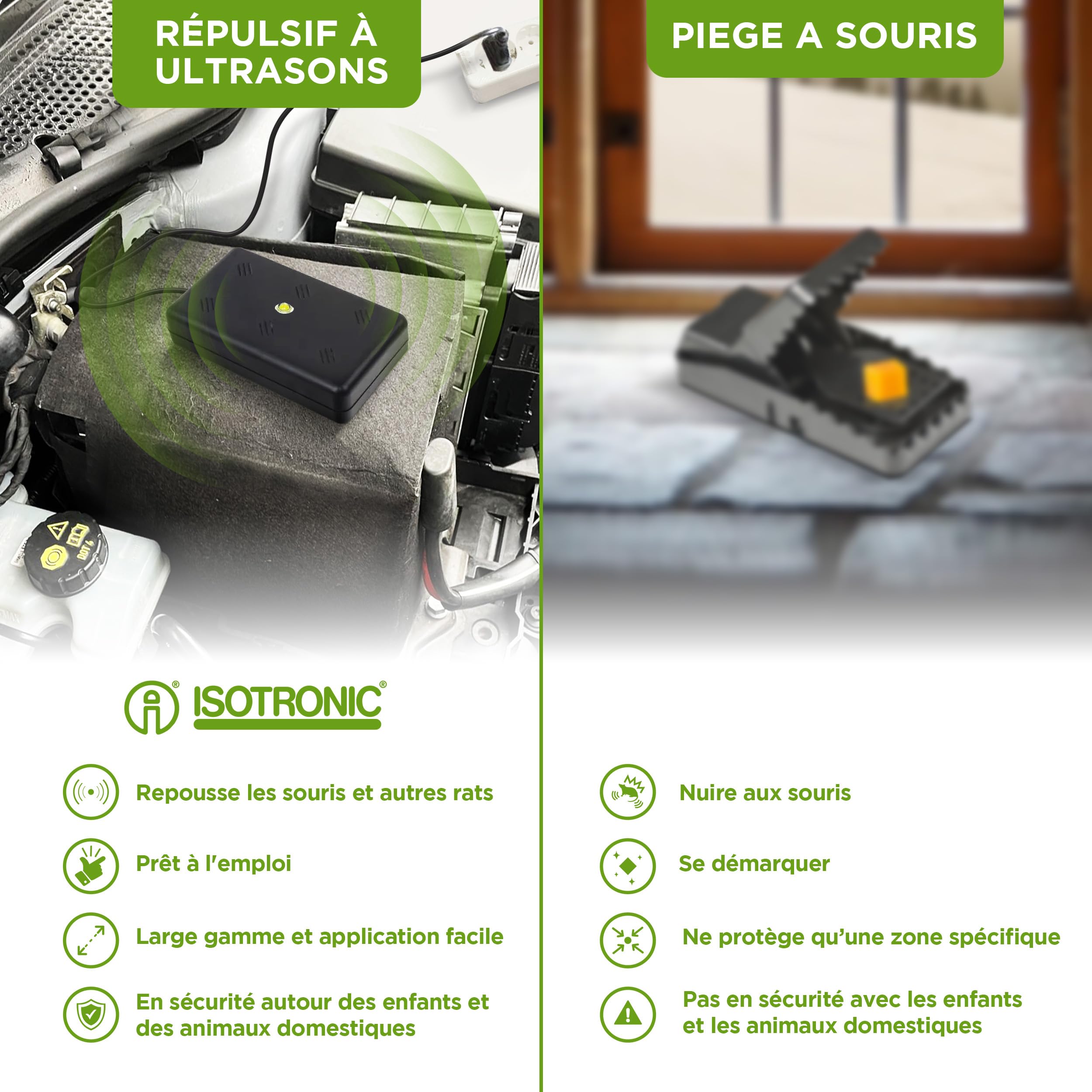 ISOTRONIC Répulsif martres avec LED Clignotante et ultrasons – Protection pour Grenier, Garage et Maison – Dissuasion Souris et Rats – Portée Efficace 50 m² – 2 unités pour Une sécurité maximale