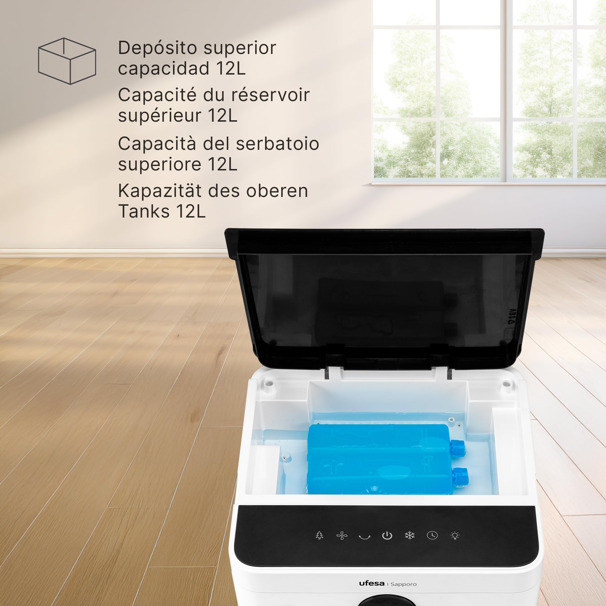 Ufesa Sapporo Climatizador Evaporativo, 100W, Función Fría y Ventilador, 3 Velocidades, 3 Modos, Panel Táctil, Depósito 12L, Temporizador 12h, Filtro Lavable, 2 Bloques de Hielo, Mando a Distancia