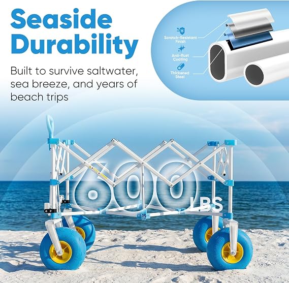 Sekey Heavy Duty Beach Wagon with 9 Big Sand-Proof Wheels and Sekey Beach Shade Sun Shelter UPF 50+ 10x10 FT Portable Beach Canopy with Windproof Rope & Stability Poles