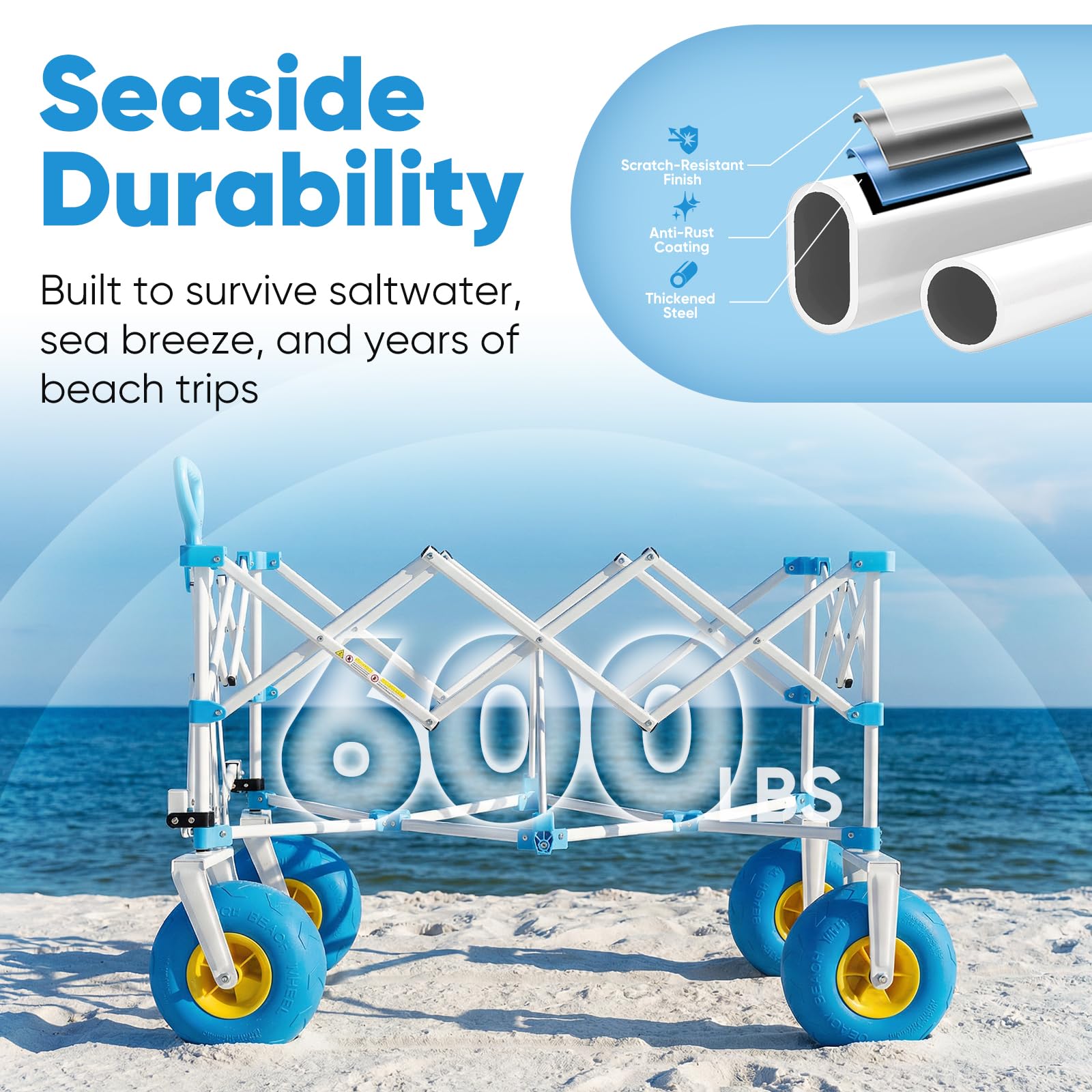 Sekey Heavy Duty Beach Wagon with 9" Big Sand-Proof Wheels – 600lb Capacity, 200L Oversized Foldable Cart | Adjustable Handle & All-Terrain Tires for Sand, Camping, Groceries - 5