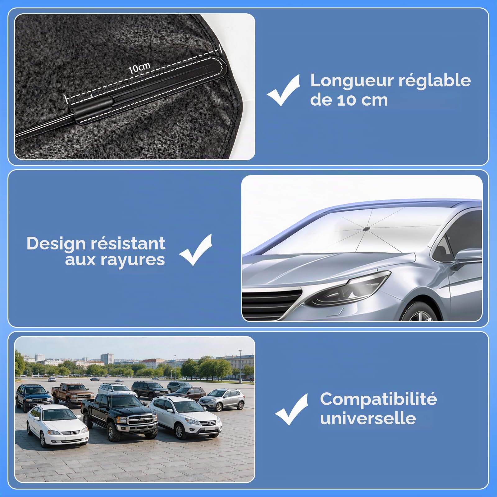 Pare-Soleil Voiture Pare-Brise Avant, 145x85cm Grande Taille,Protection UV & Anti-Chaleur Pliable Poignée pivotante, avec Découpe pour Rétroviseur – Idéal pour SUV et pour Voiture.