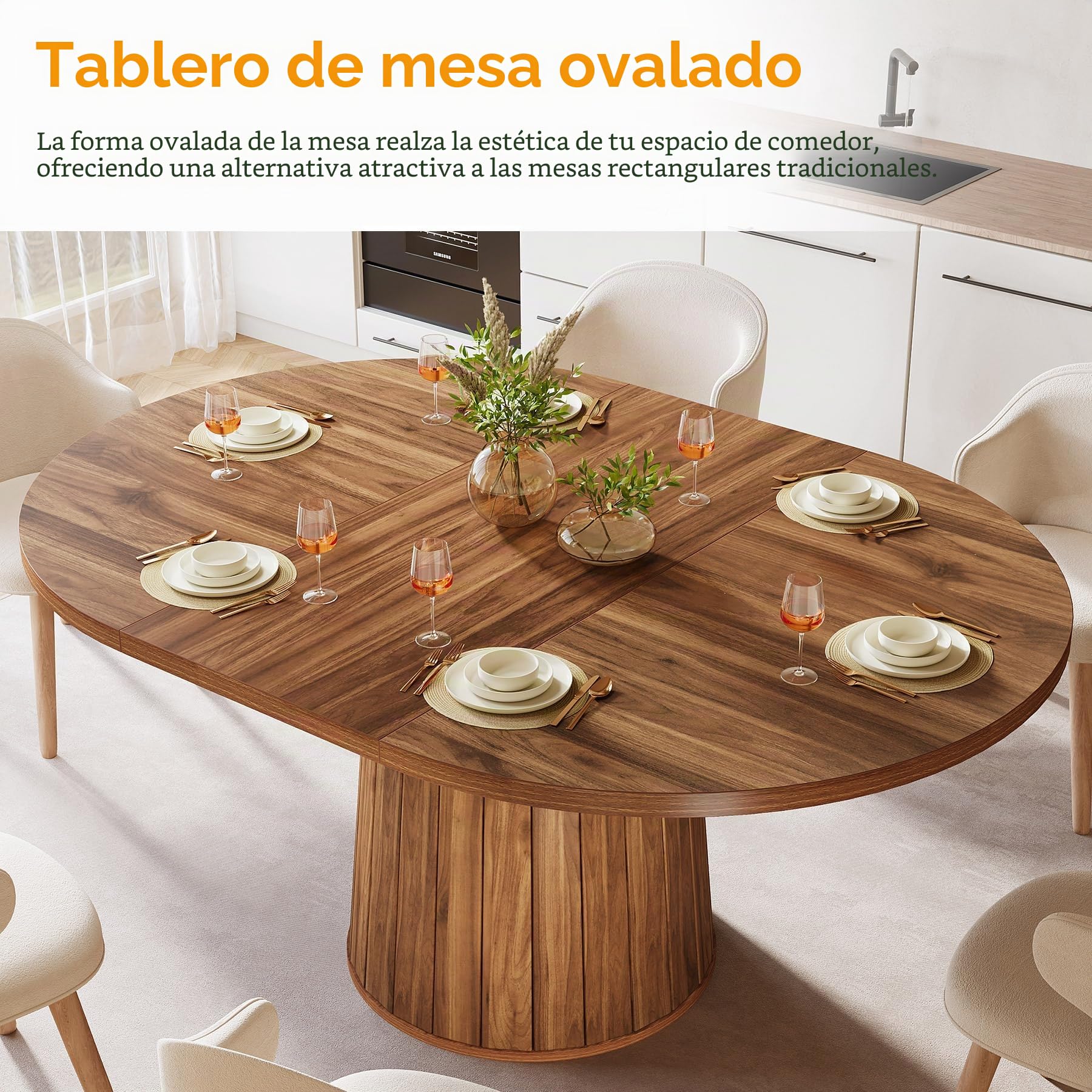 Tribesigns Mesa de comedor ovalada para 6 personas, mesa de comedor de madera de granja de 140 cm, mesa de cocina rústica con tablero de madera y base cilíndrica para comedor (marrón)