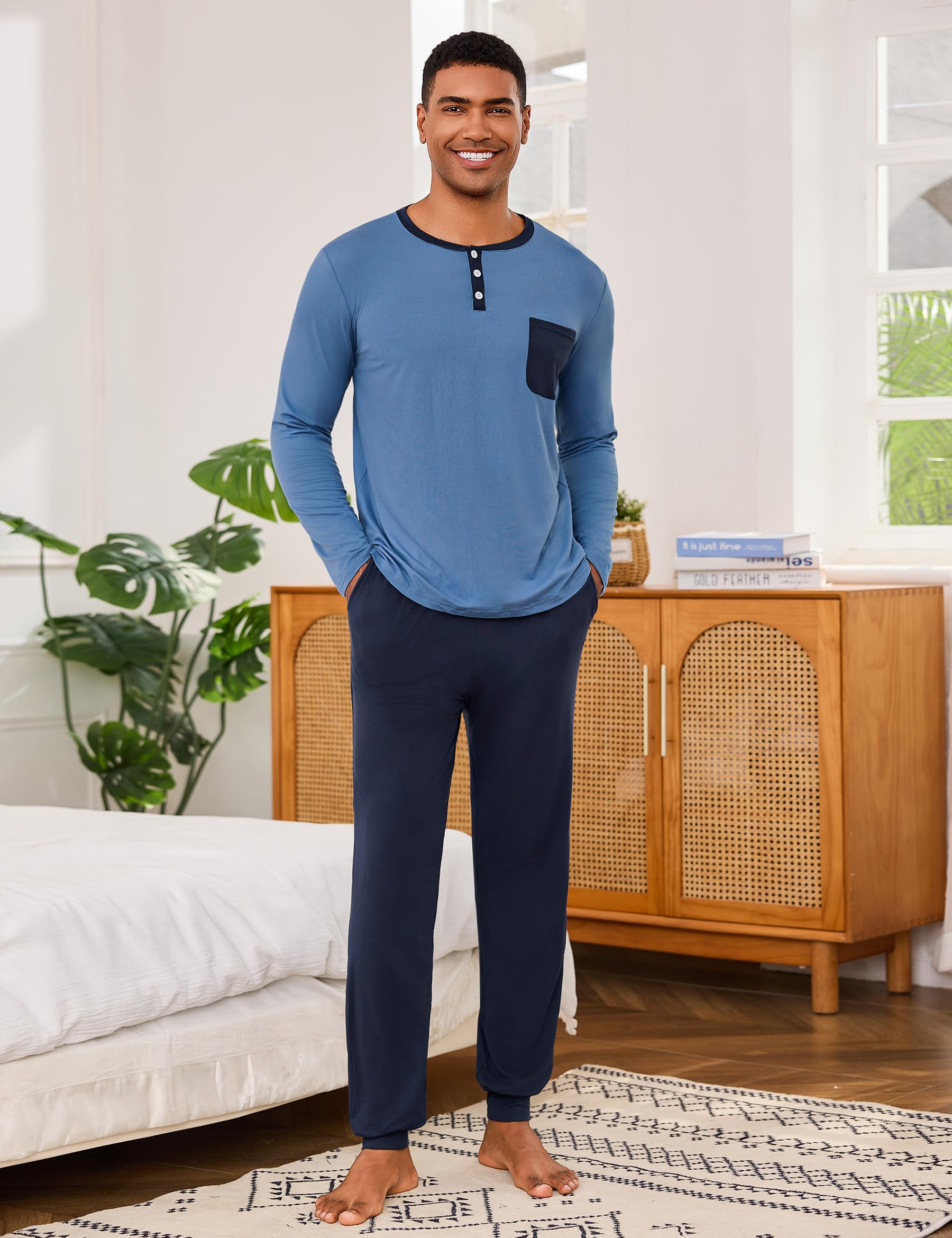 Uniexcosm Pigiama Uomo Cotone Lungo Pigiama A Due Pezzi da Uomo Abbigliamento da Casa